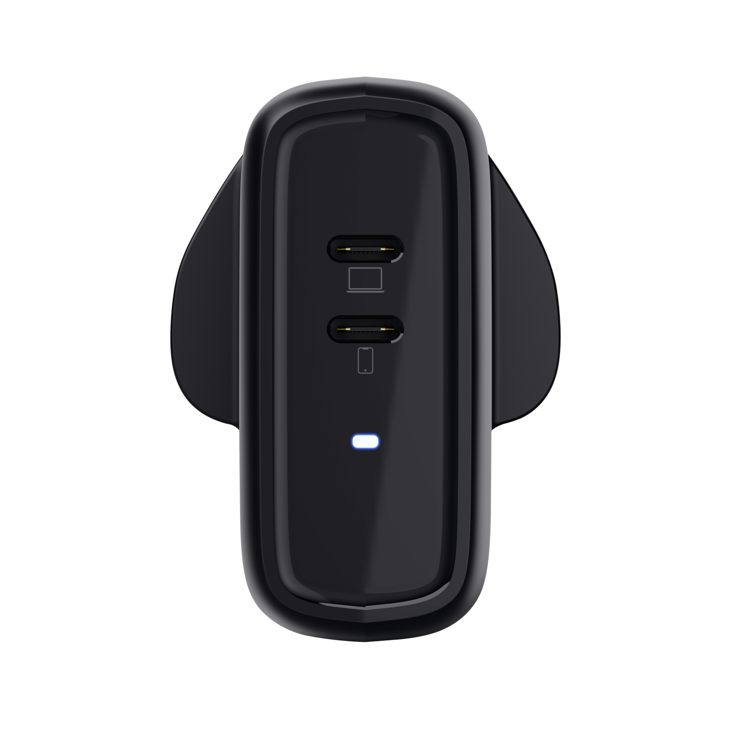 Zwart oplaadapparaat met twee USB-C-poorten en een blauwe lichtindicator.