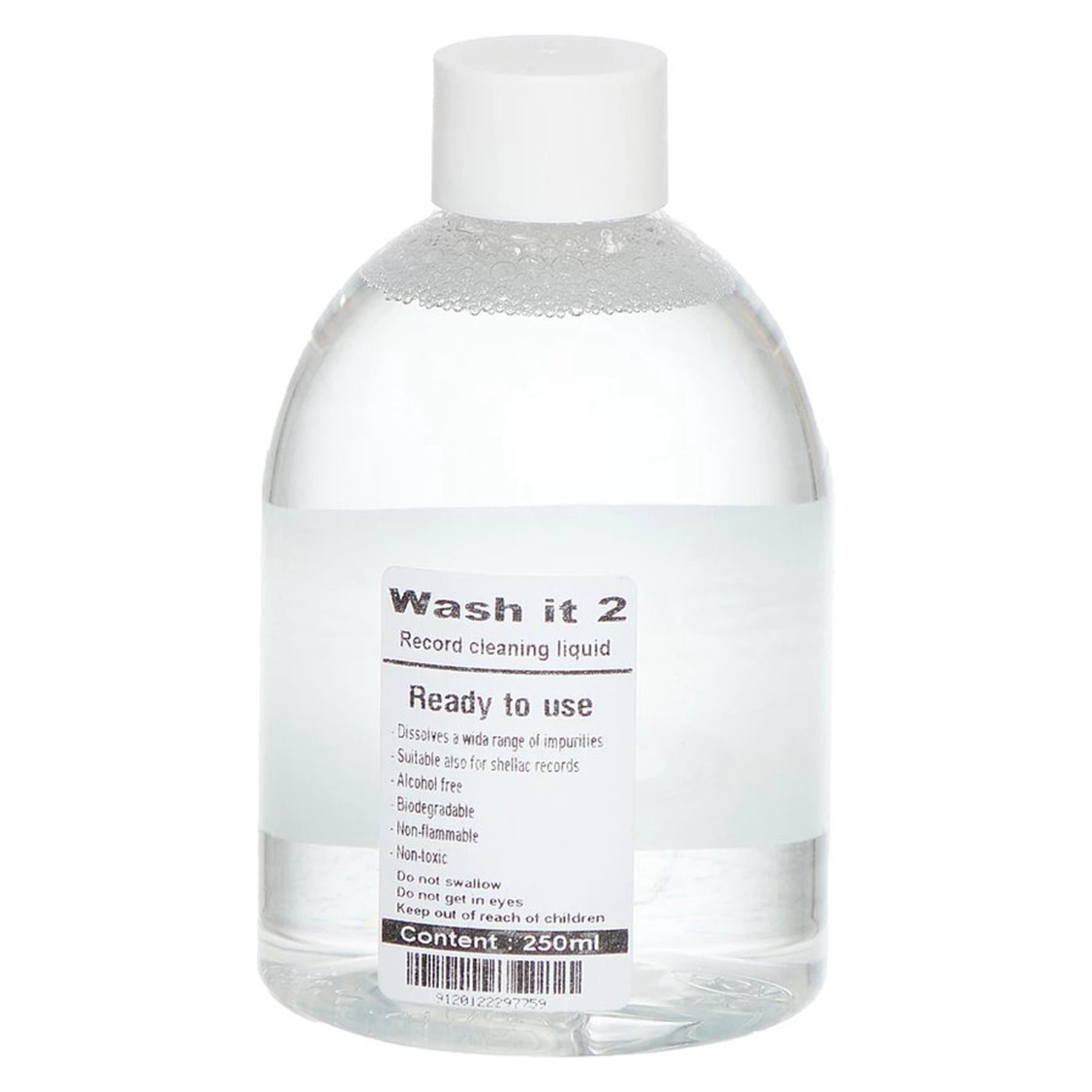 Przezroczysta butelka z płynem do czyszczenia płyt z białą nakrętką i etykietą.