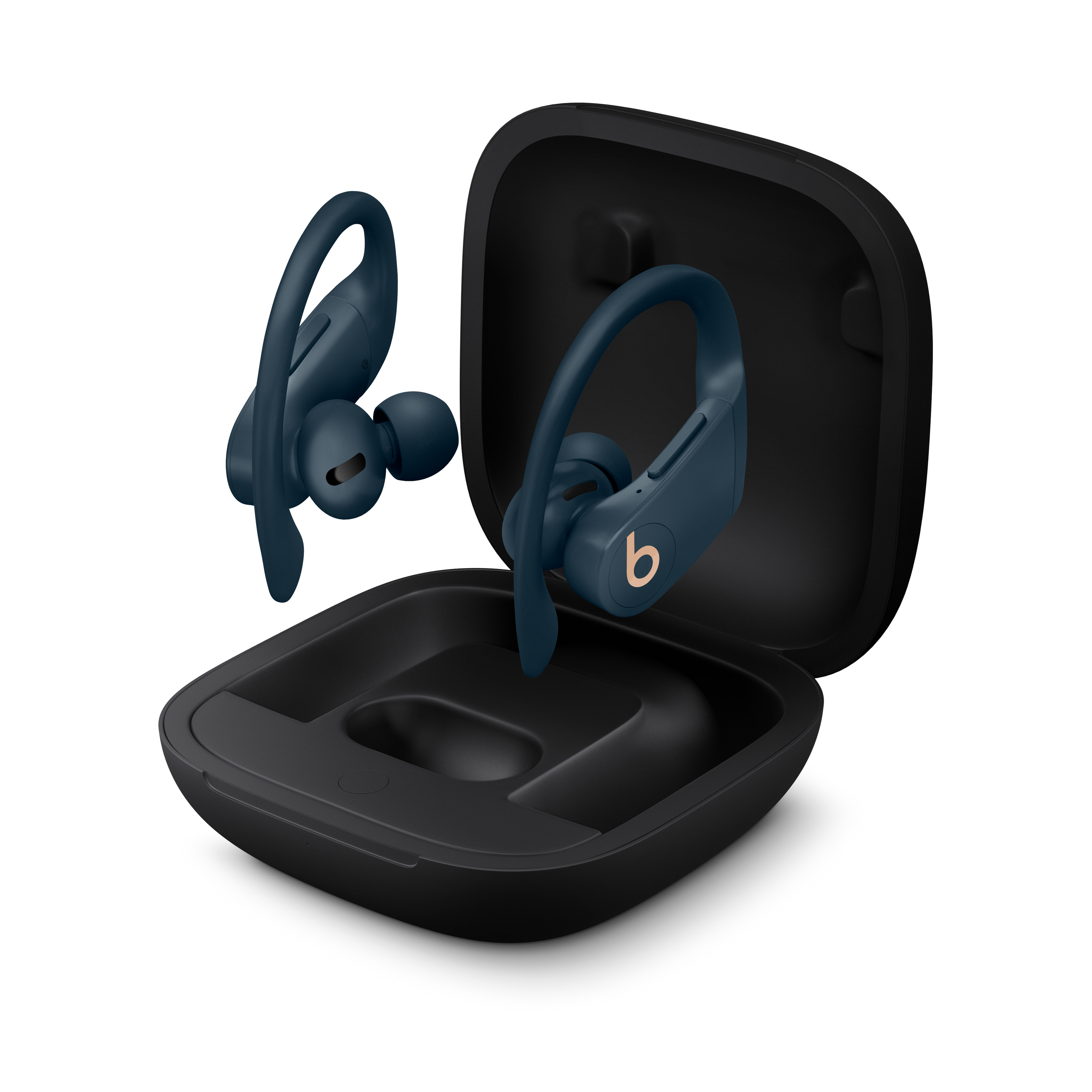Blue earbuds in a black case. The case is open and the earbuds are in place. White background.