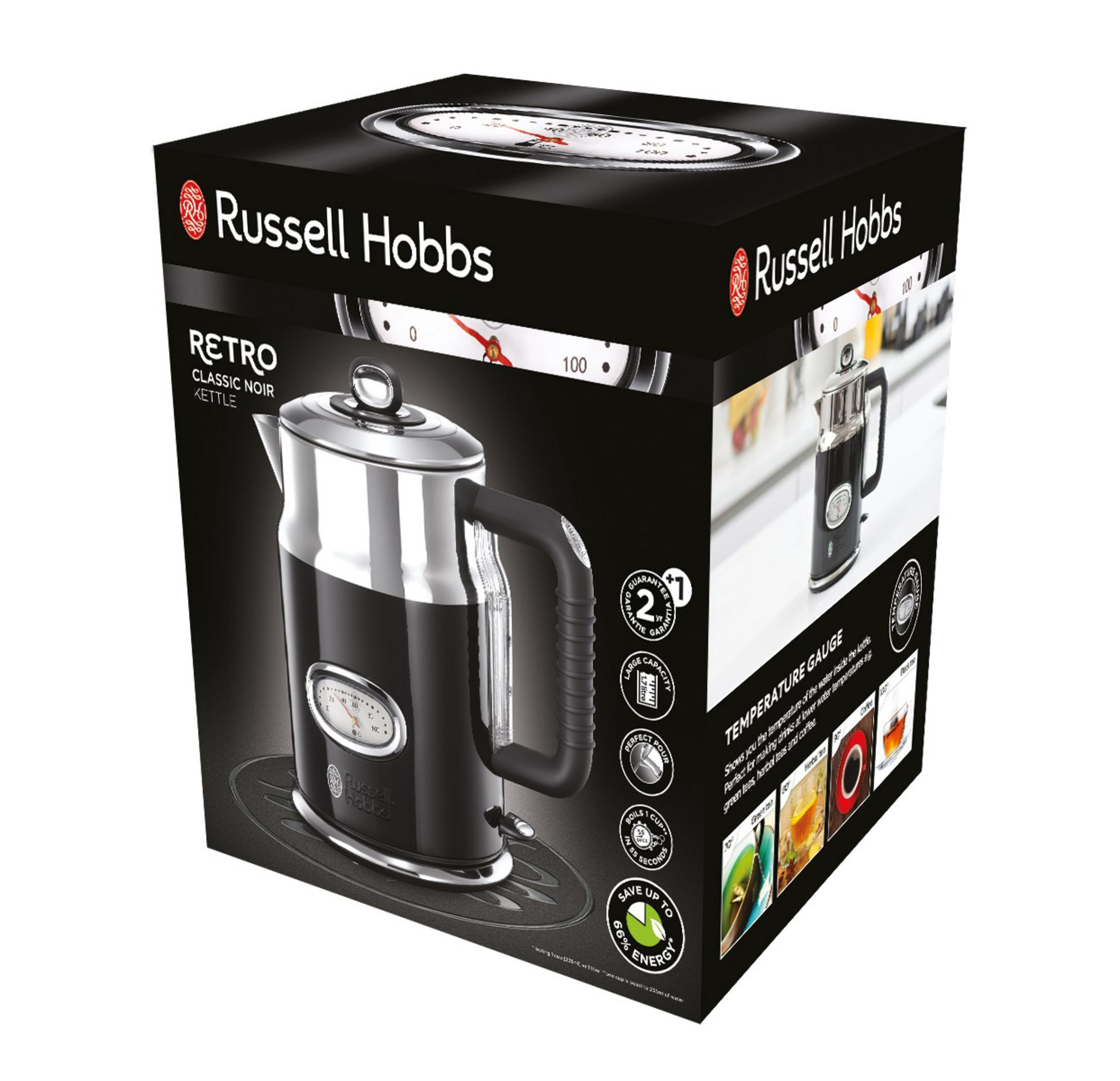 Schachtel eines schwarzen und silbernen Wasserkochers mit Temperaturanzeige. Die Marke Russell Hobbs ist abgebildet.