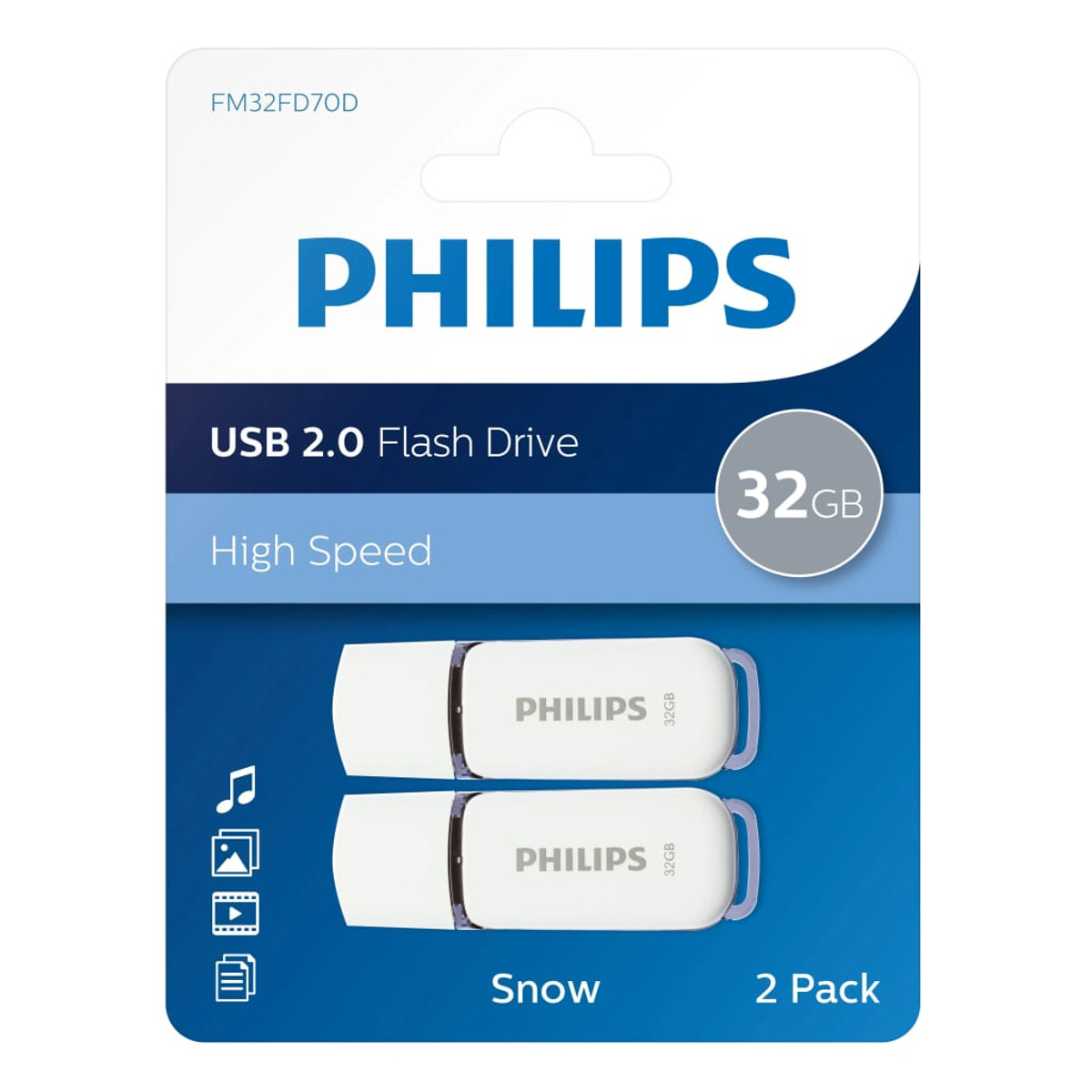 Emballage de clé USB 2.0 Philips blanche avec deux clés USB Snow.