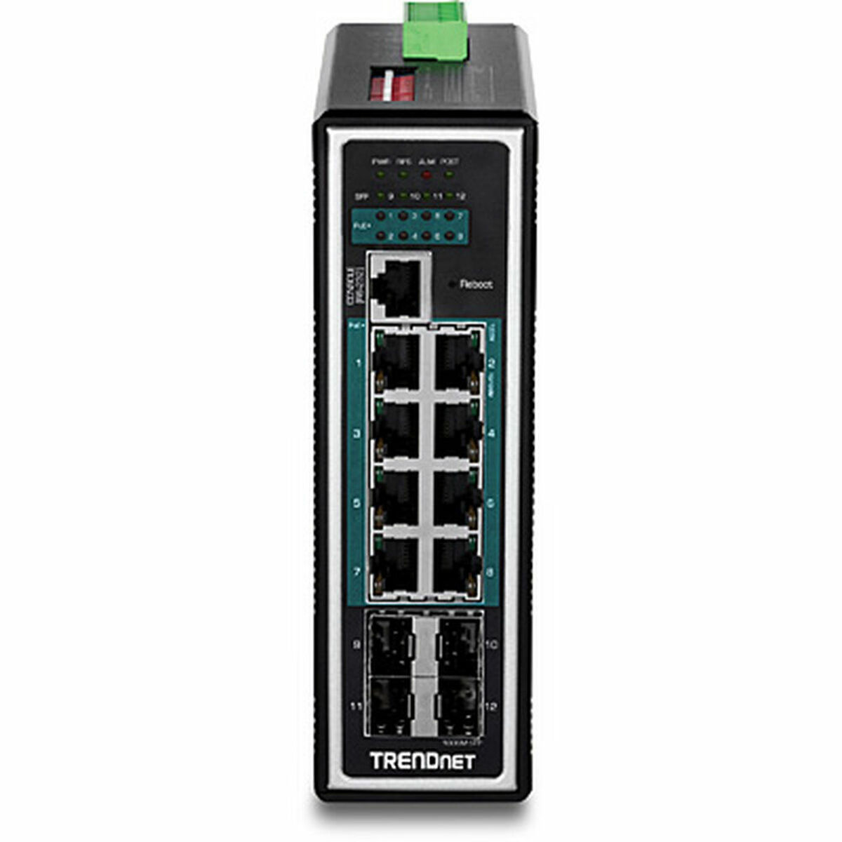 Switch di rete nero con più porte e spie, etichettato "TRENDnet".