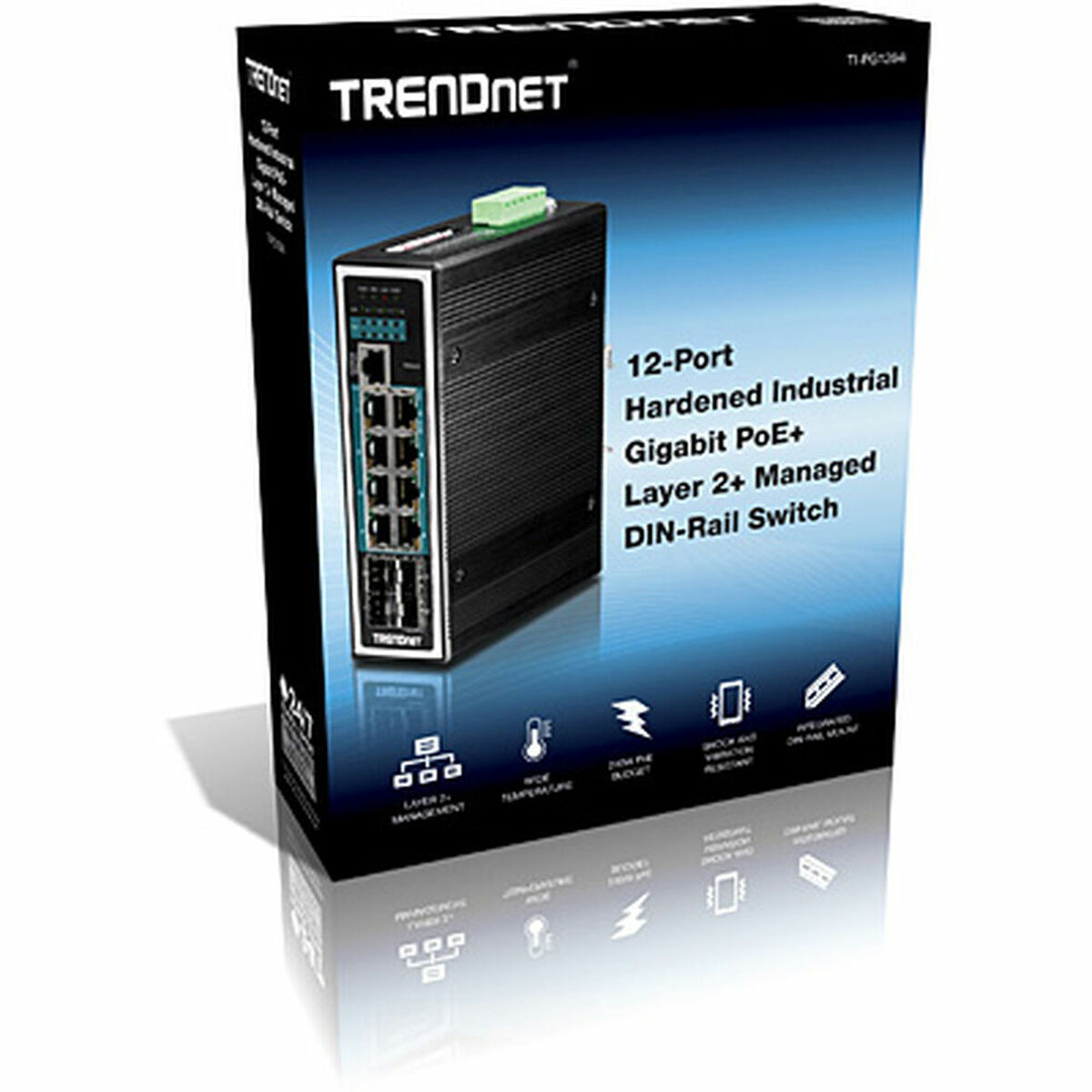 Scatola switch di rete Trendnet, nera con etichette, vista angolata.