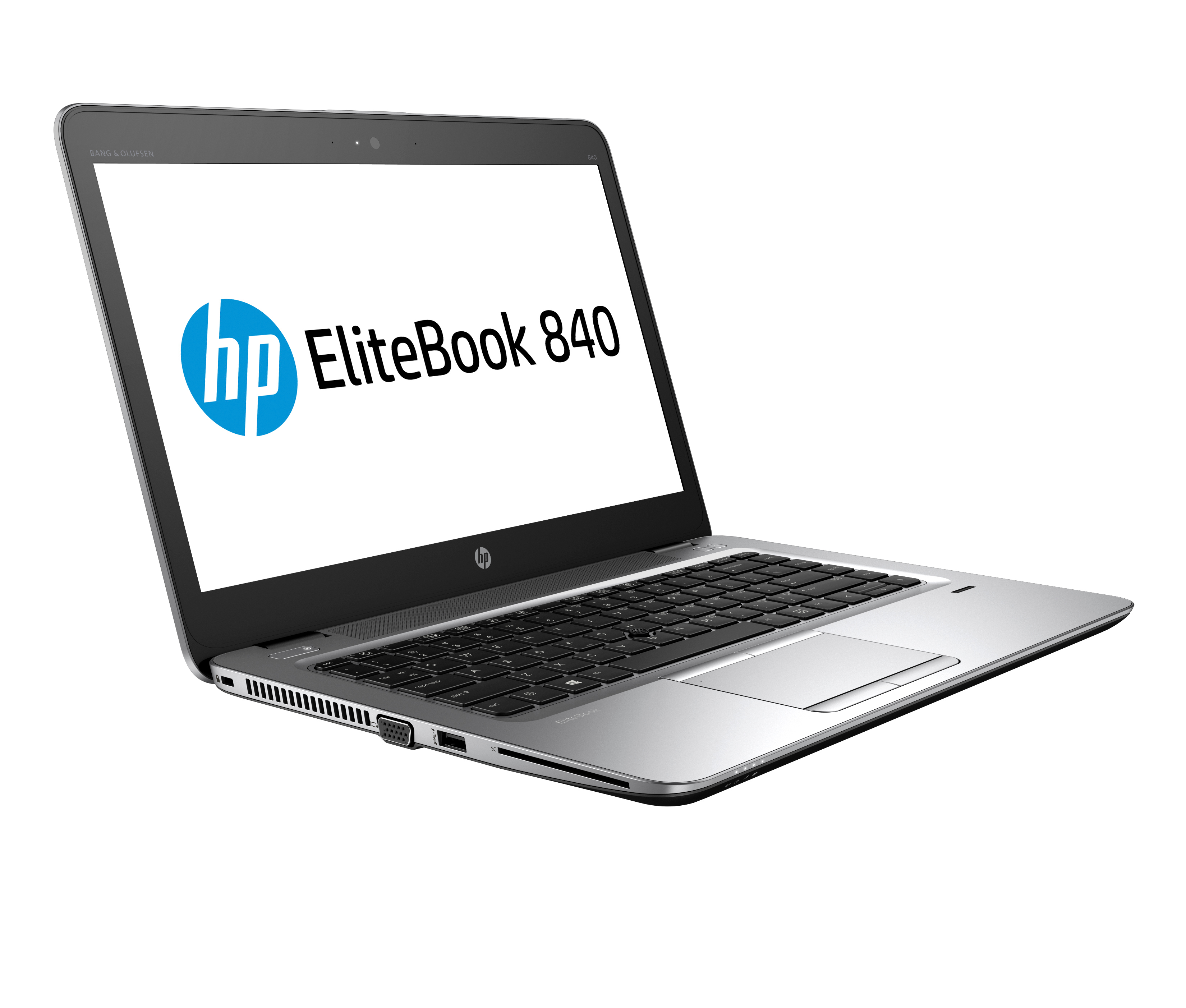 Silberner HP EliteBook 840 Laptop auf weißem Hintergrund. Der Bildschirm zeigt das HP-Logo.