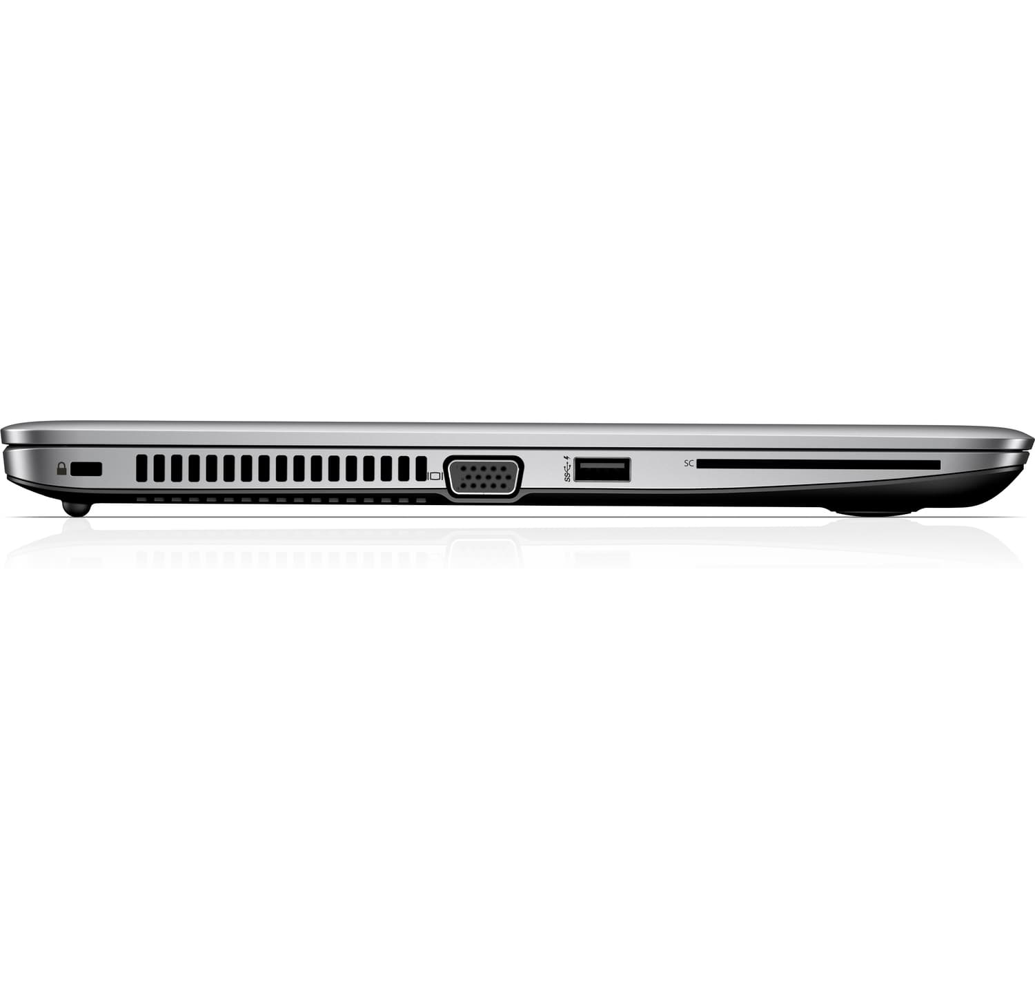 Seitenansicht eines geschlossenen, silbernen Laptops. Anschlüsse sind auf der linken Seite sichtbar.