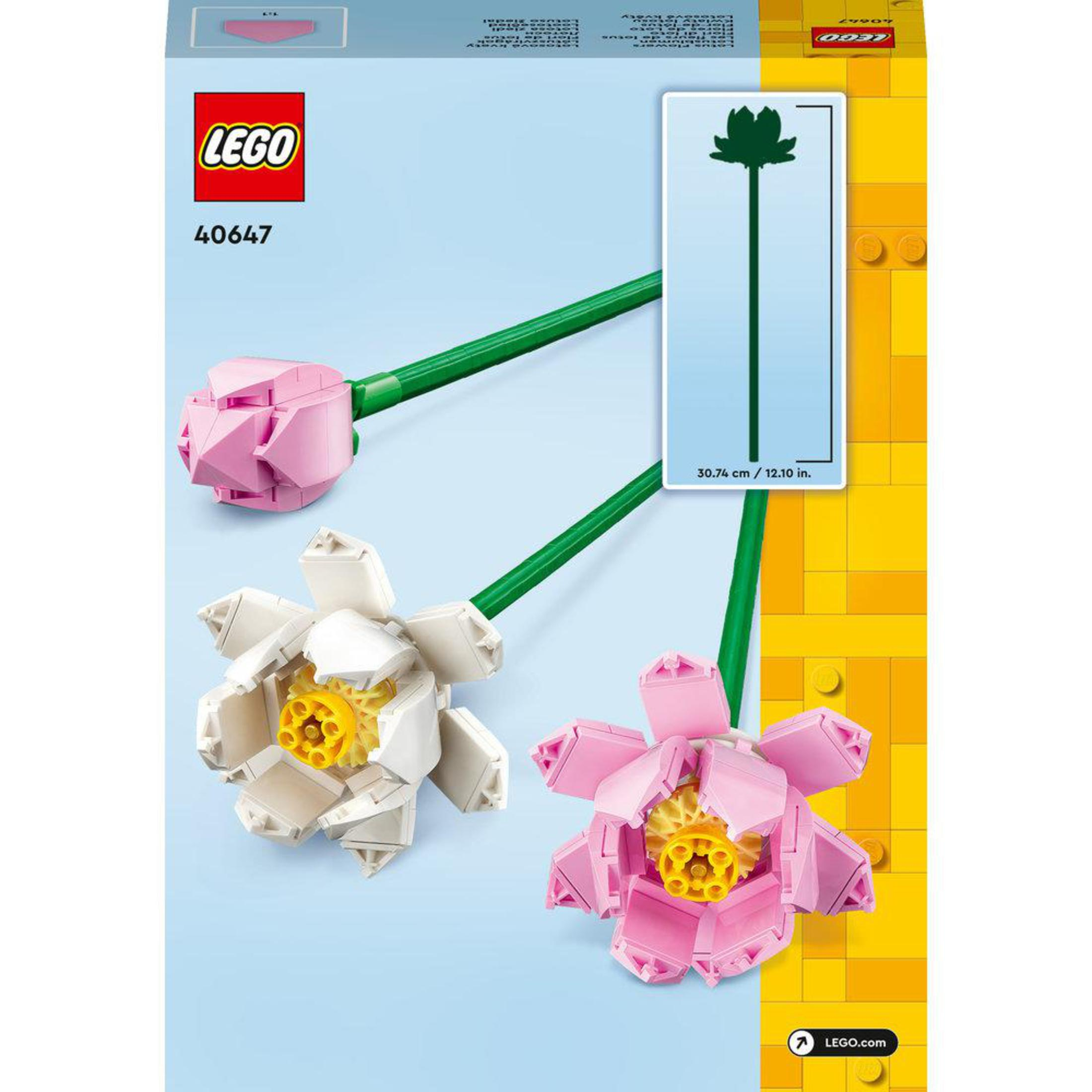 Set di fiori LEGO, scatola con diagramma floreale, due fiori assemblati, rosa e bianco.