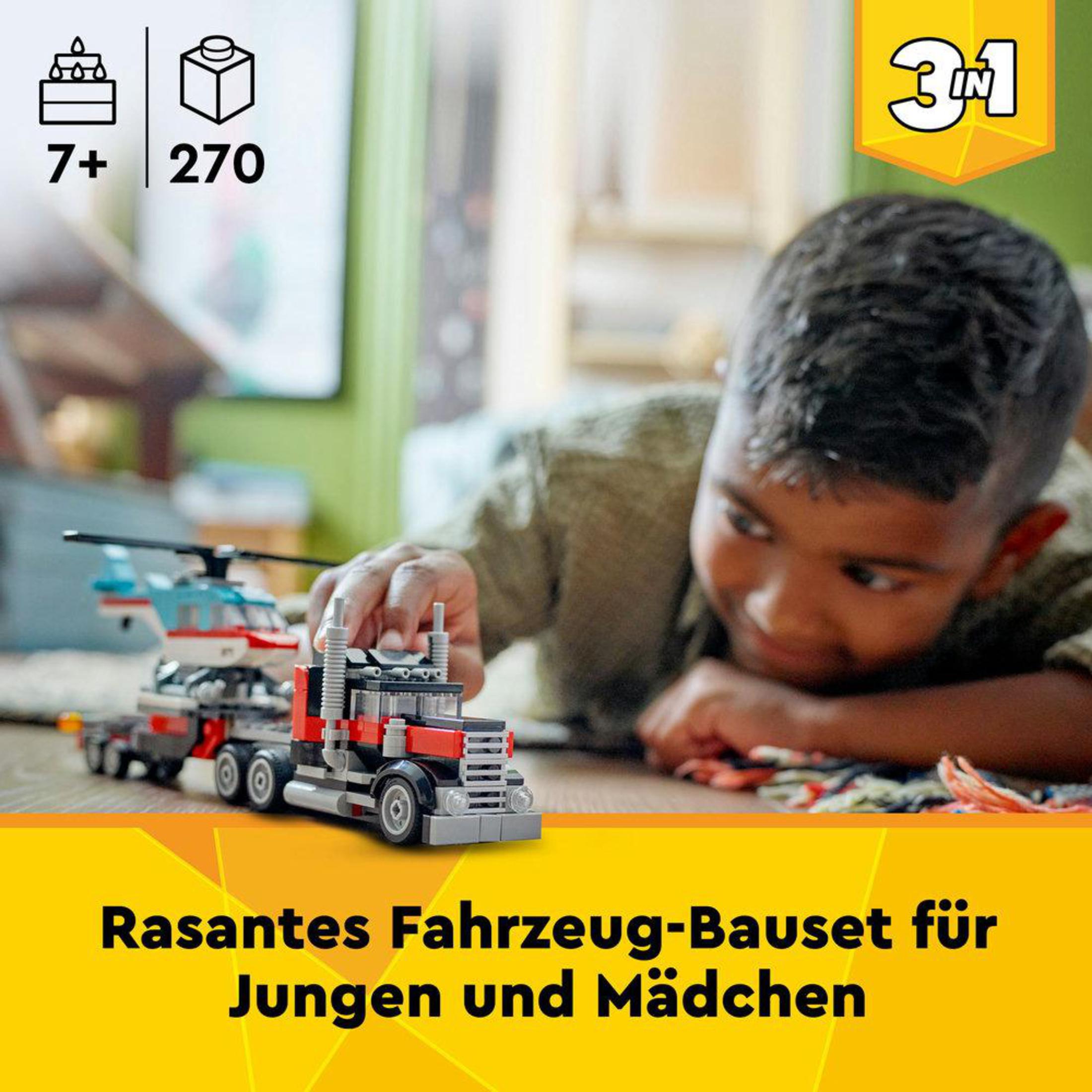 Chłopiec bawi się zestawem Lego z ciężarówką i helikopterem. Tekst mówi, że jest dla chłopców i dziewczynek.