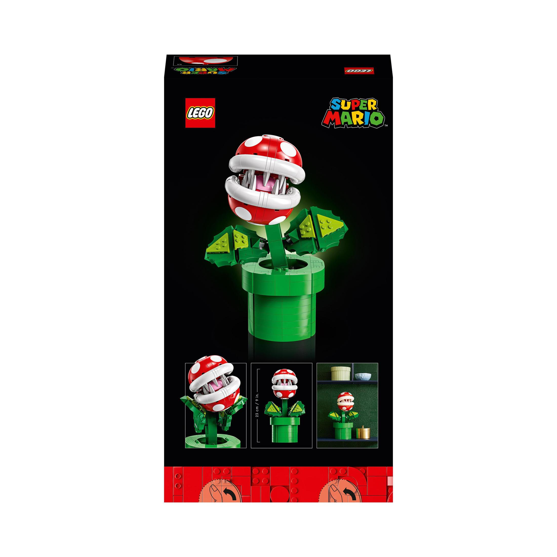 Set Lego Super Mario. Presenta una figura di Pianta Piranha rossa e bianca che esce da un tubo verde.