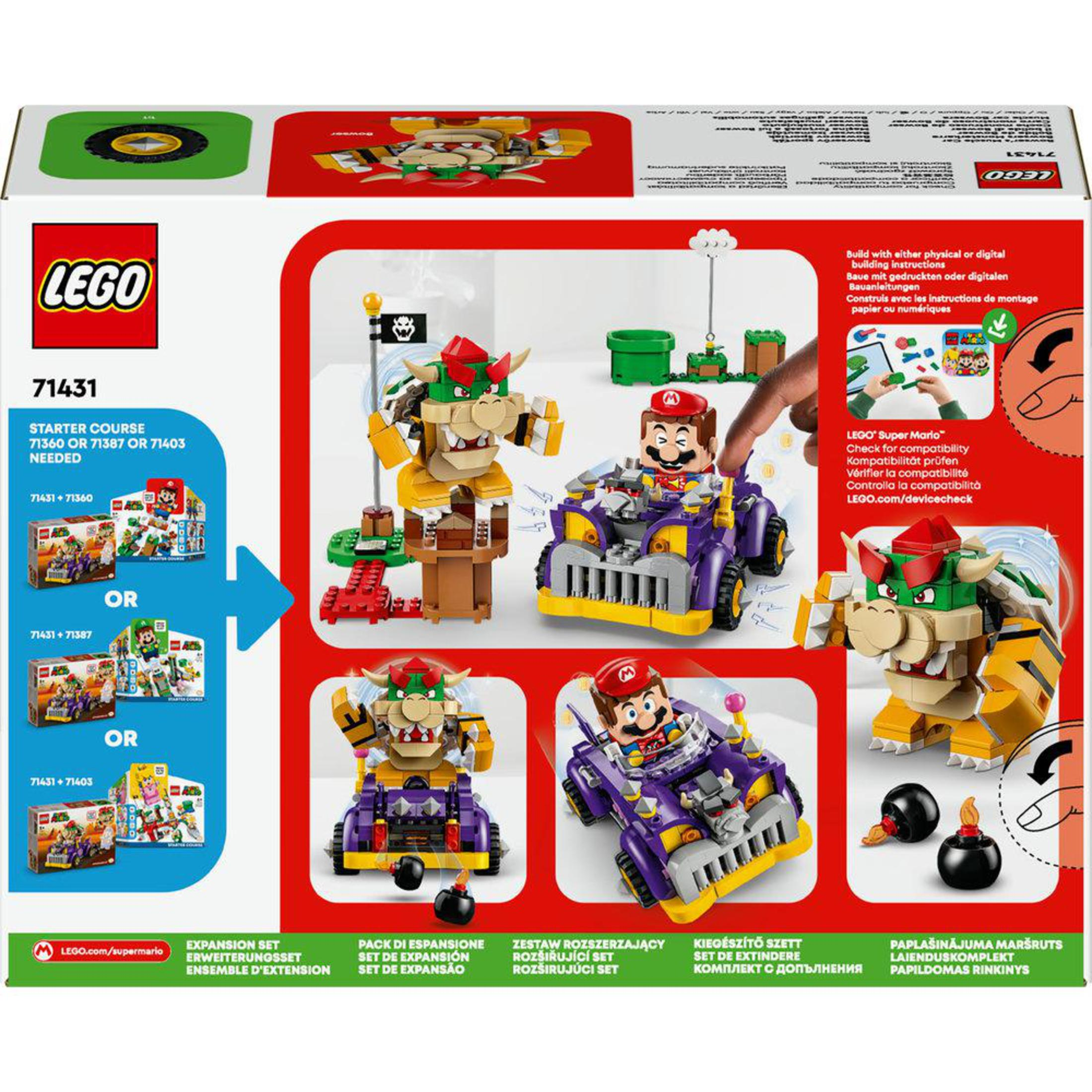 Pudełko zestawu LEGO Super Mario z Mario, Bowserem i innymi postaciami. Zawiera elementy zestawu i instrukcje.