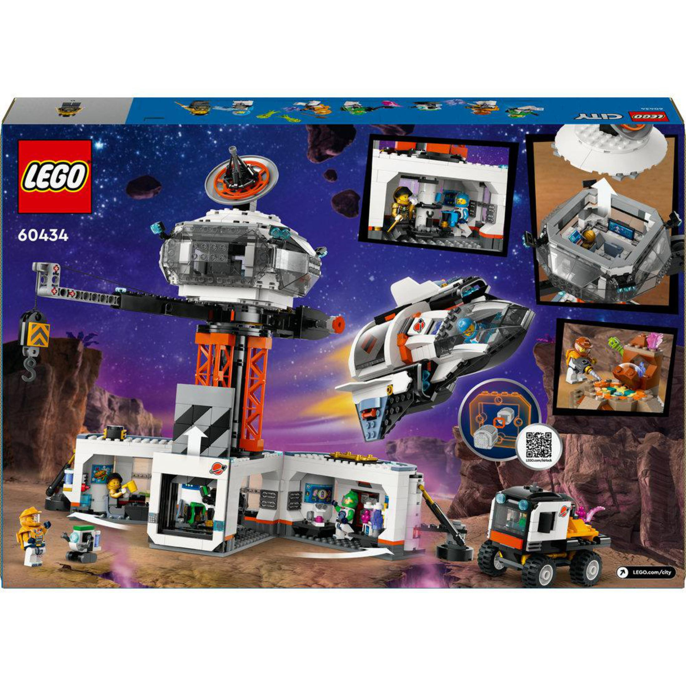 Lego City Set mit einer Raumstation, Fahrzeugen und Minifiguren. Die Box zeigt das Set aufgebaut.