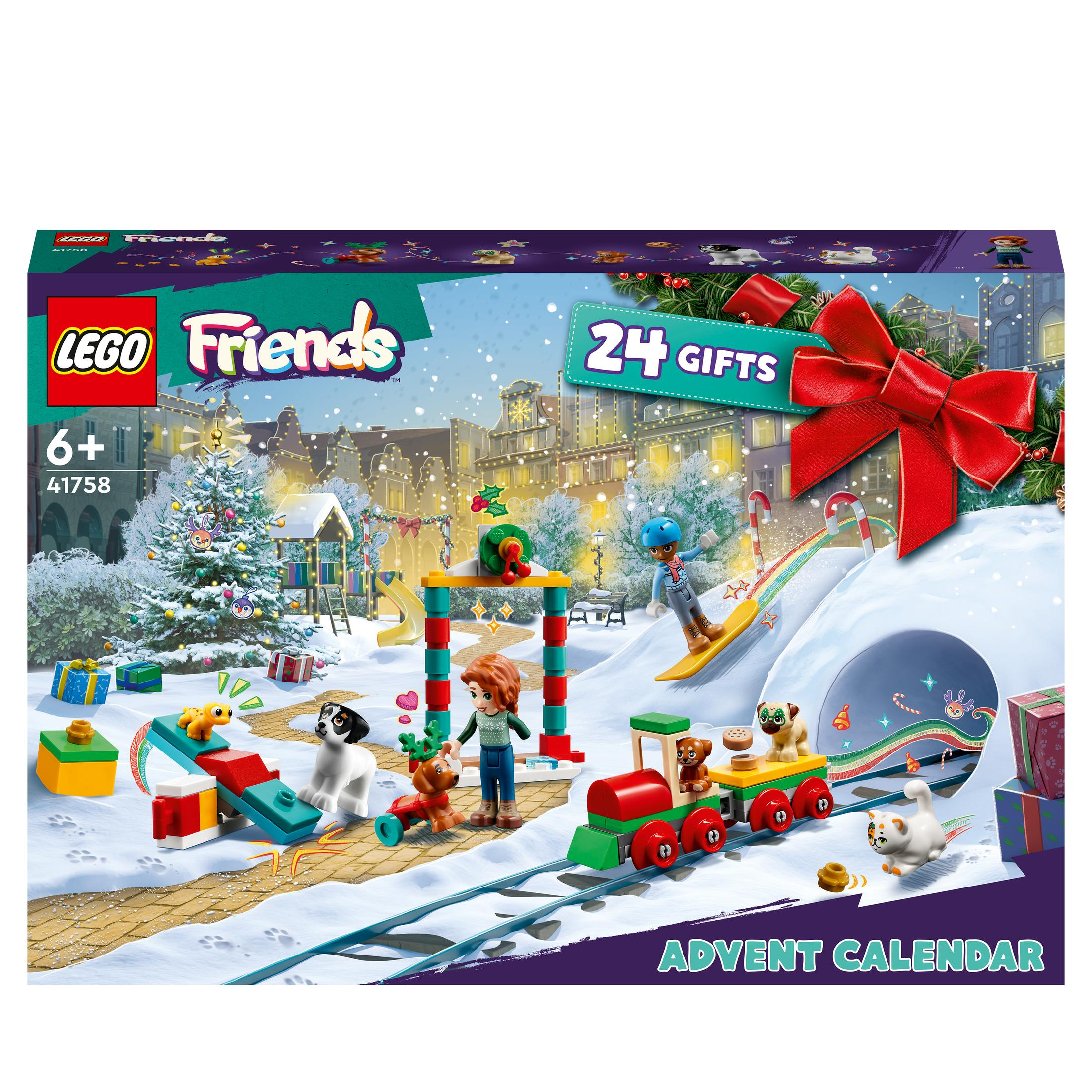 Een Lego Friends adventskalenderdoos met een winterse scène van een trein, figuren en cadeaus. Het is kleurrijk en feestelijk.
