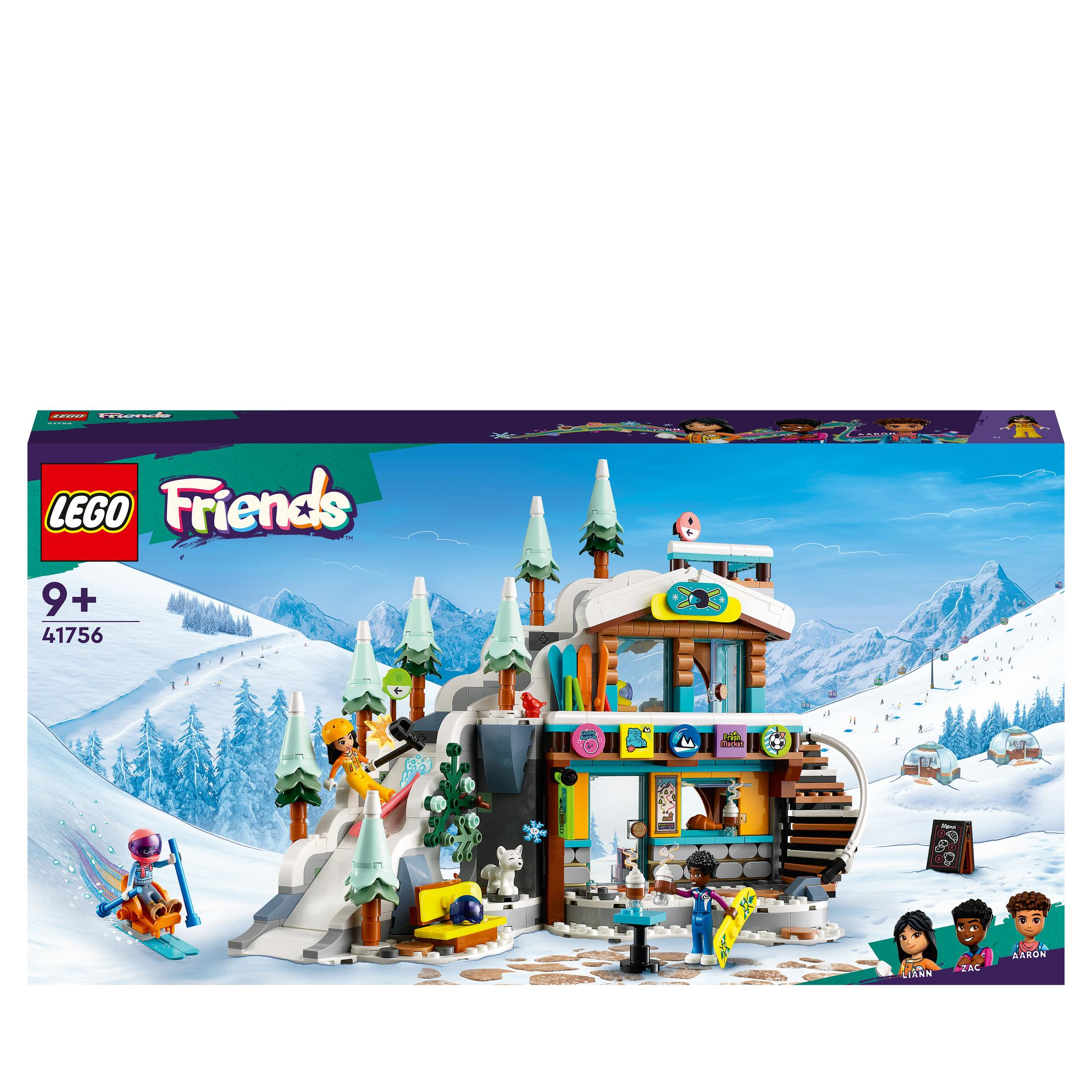 Set de caja Lego Friends que muestra una escena de estación de esquí con figuras Lego.