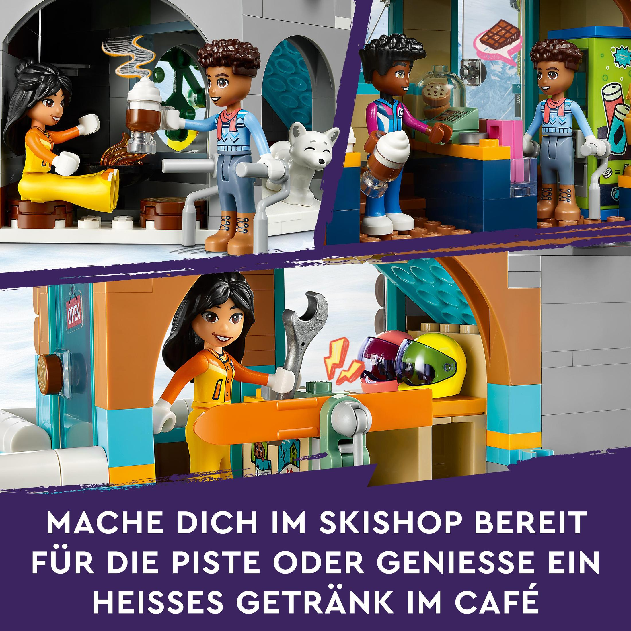 Una escena de Lego Friends que muestra figuras en una cafetería y una tienda de esquí. El texto dice, "PREPÁRATE PARA LAS PISTAS..."