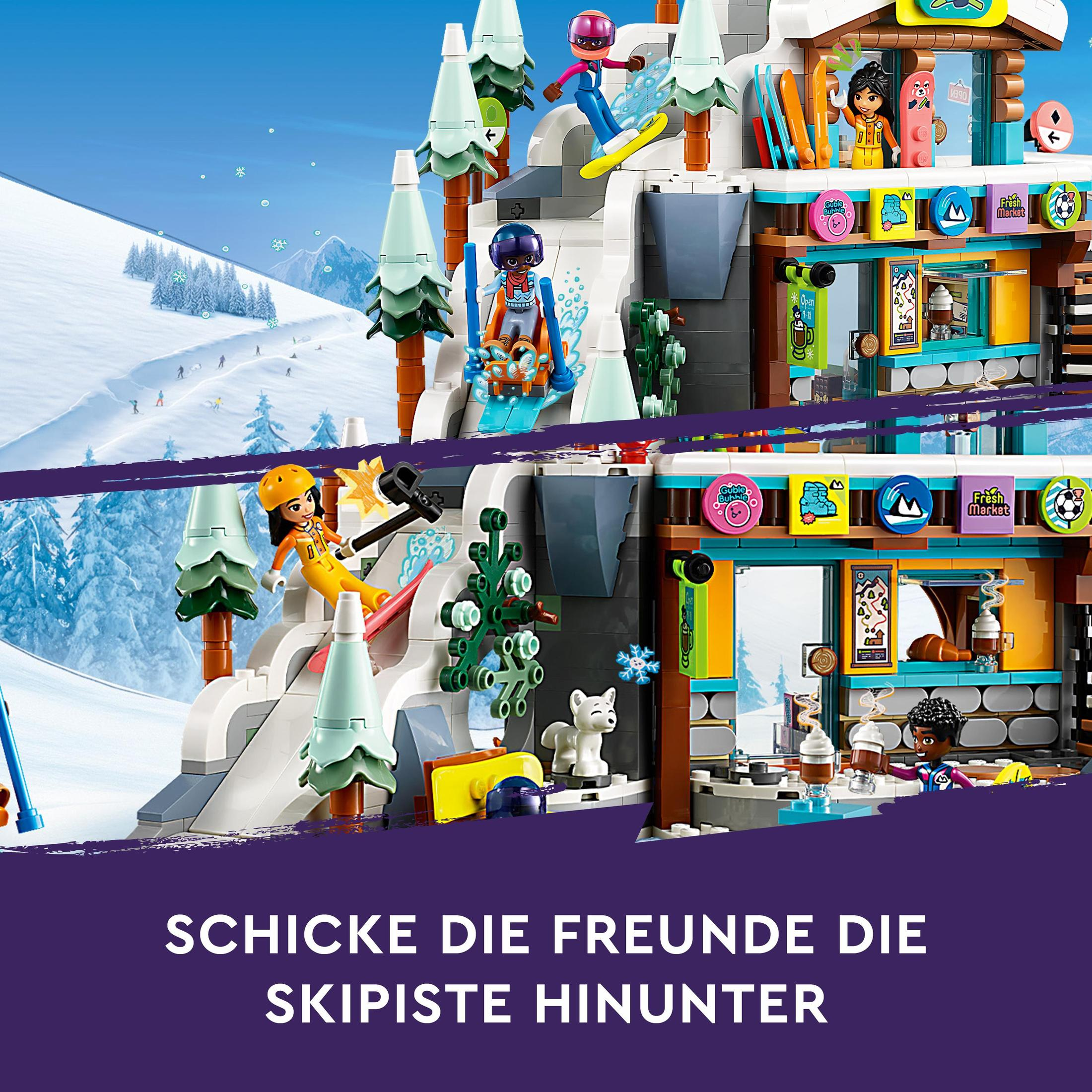 Una escena del set de juego LEGO Friends con esquiadores y nieve.