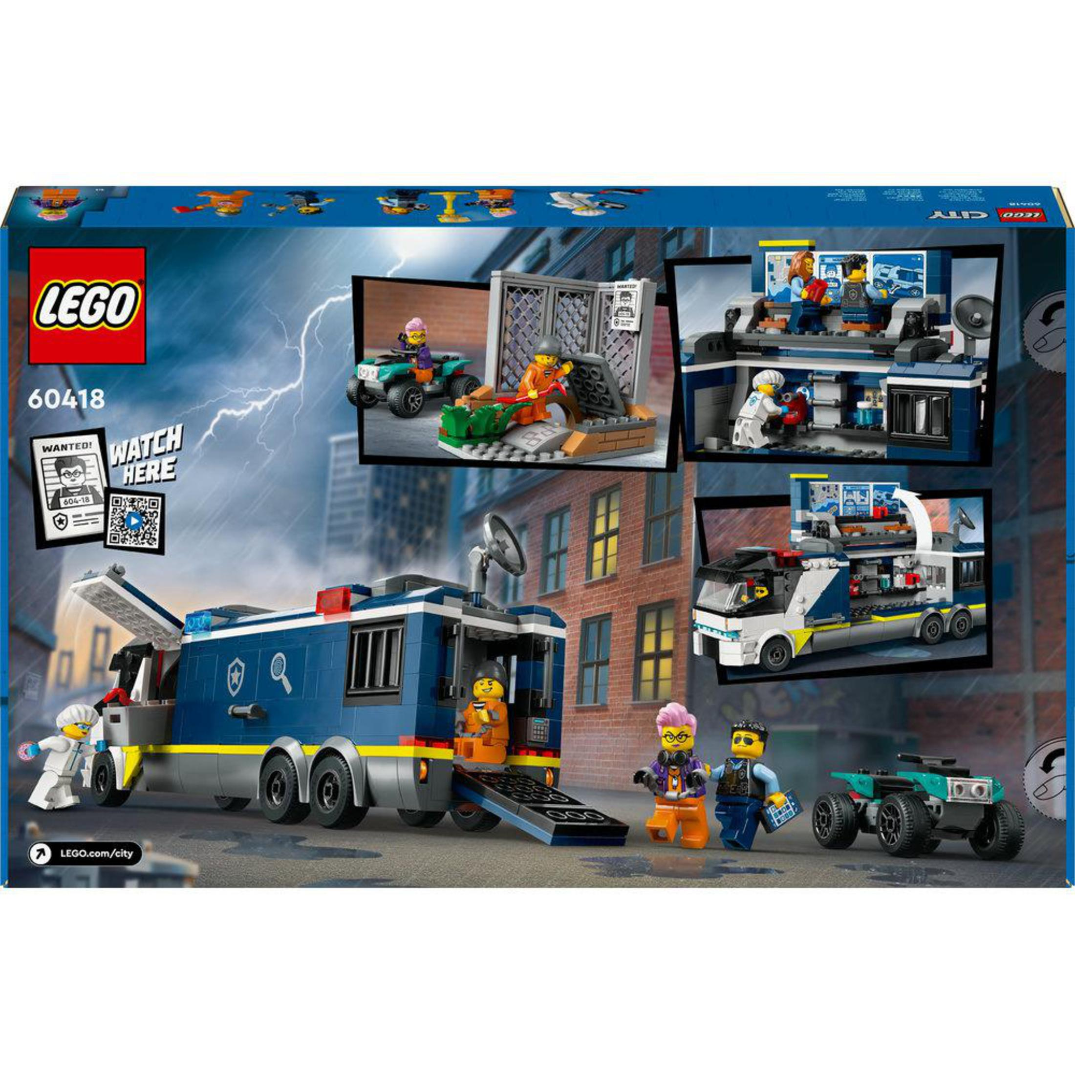 Caja de Lego con una estación de policía y figuras de criminales y oficiales de policía. Un camión Lego.