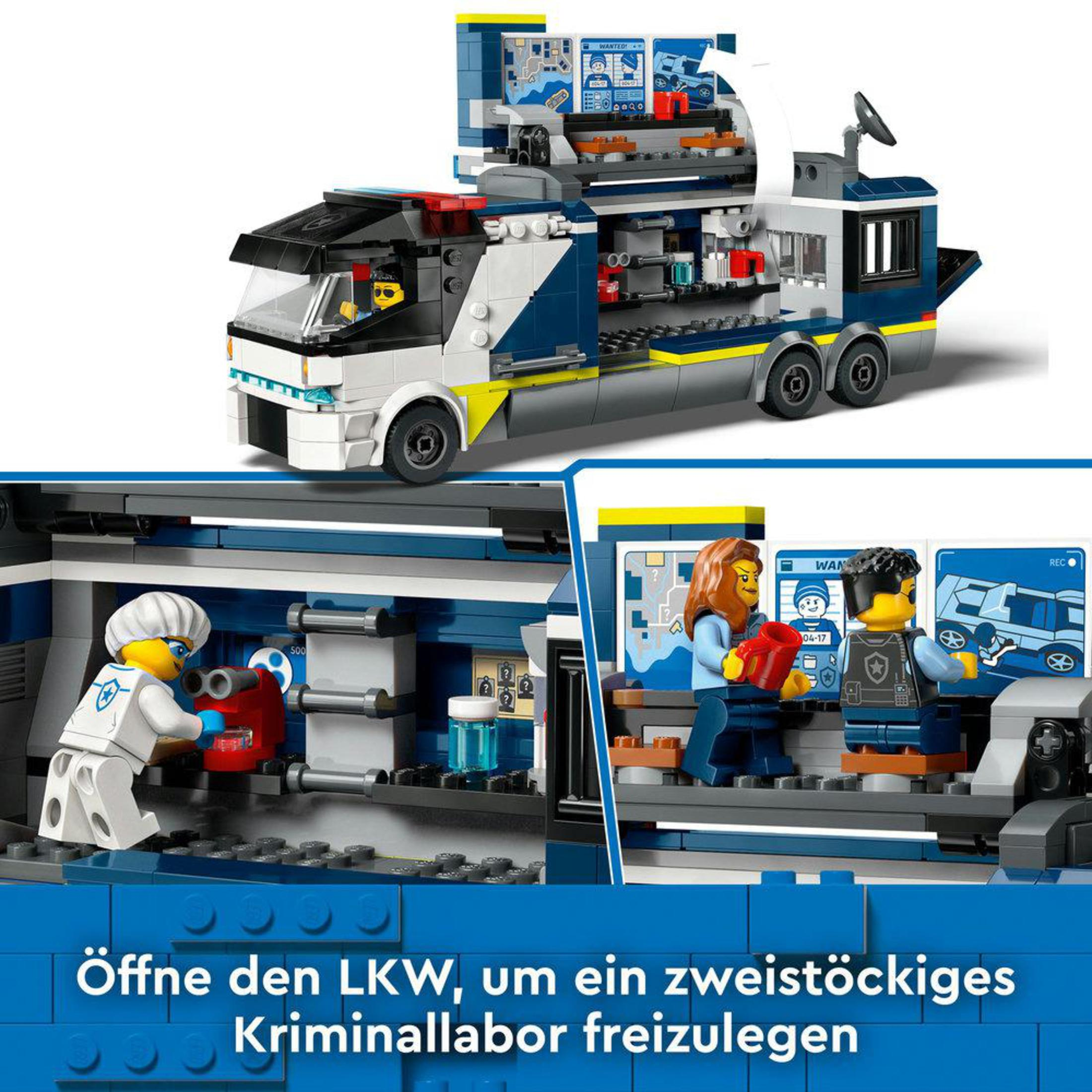 Un juego de Lego con un camión y minifiguras dentro. Texto en alemán.