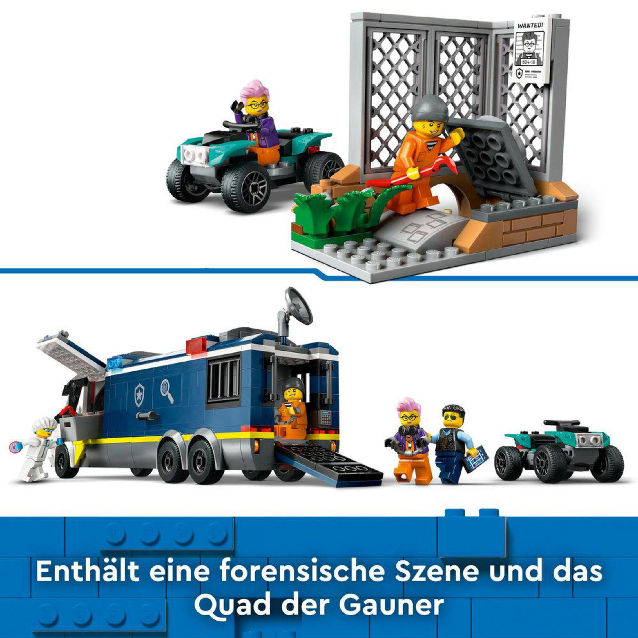 Un set de Lego muestra una escena policial con figuras, una cárcel y vehículos, sobre un fondo azul.