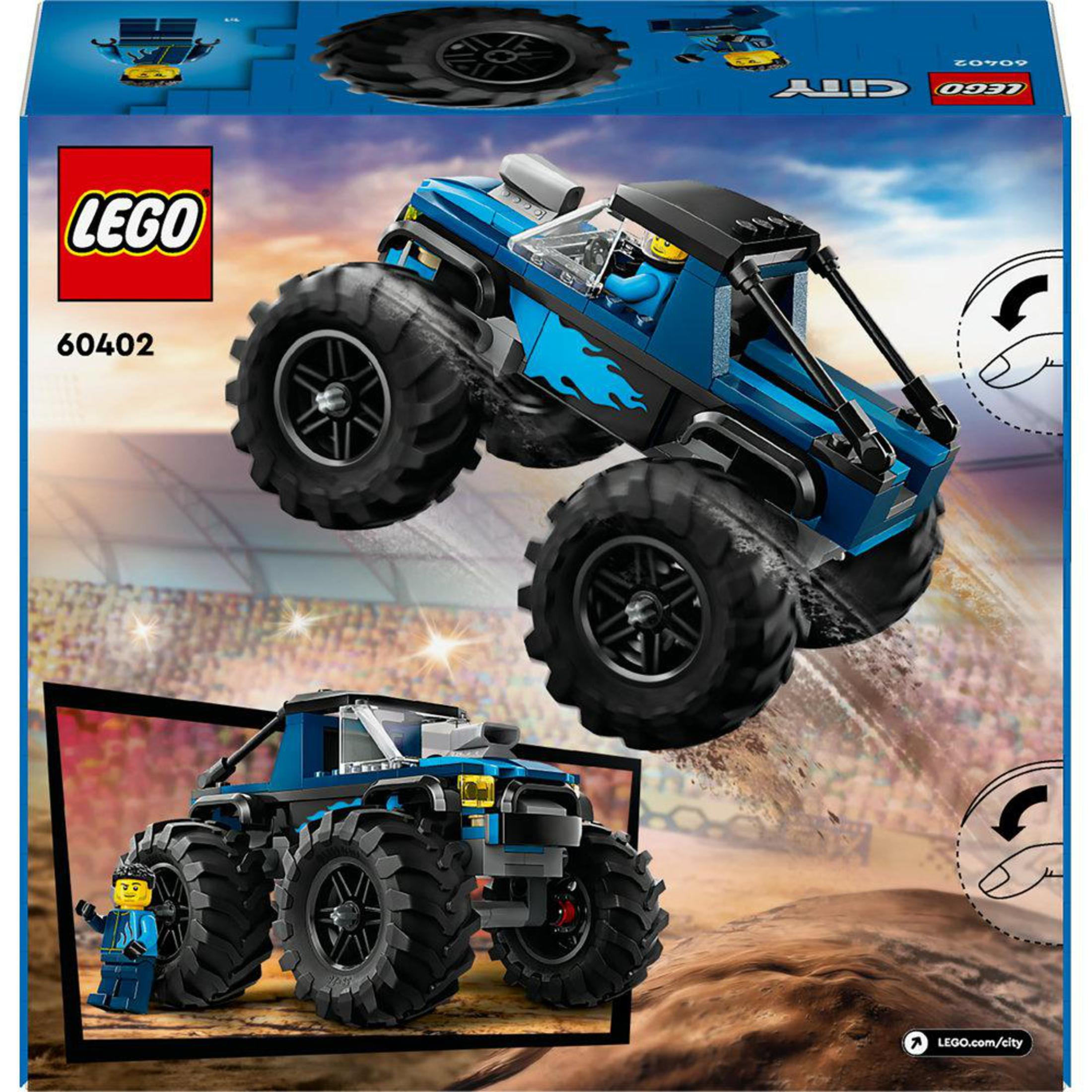 LEGO City canavar kamyonu mavi renkte bir sürücü ile kutuda sergileniyor.