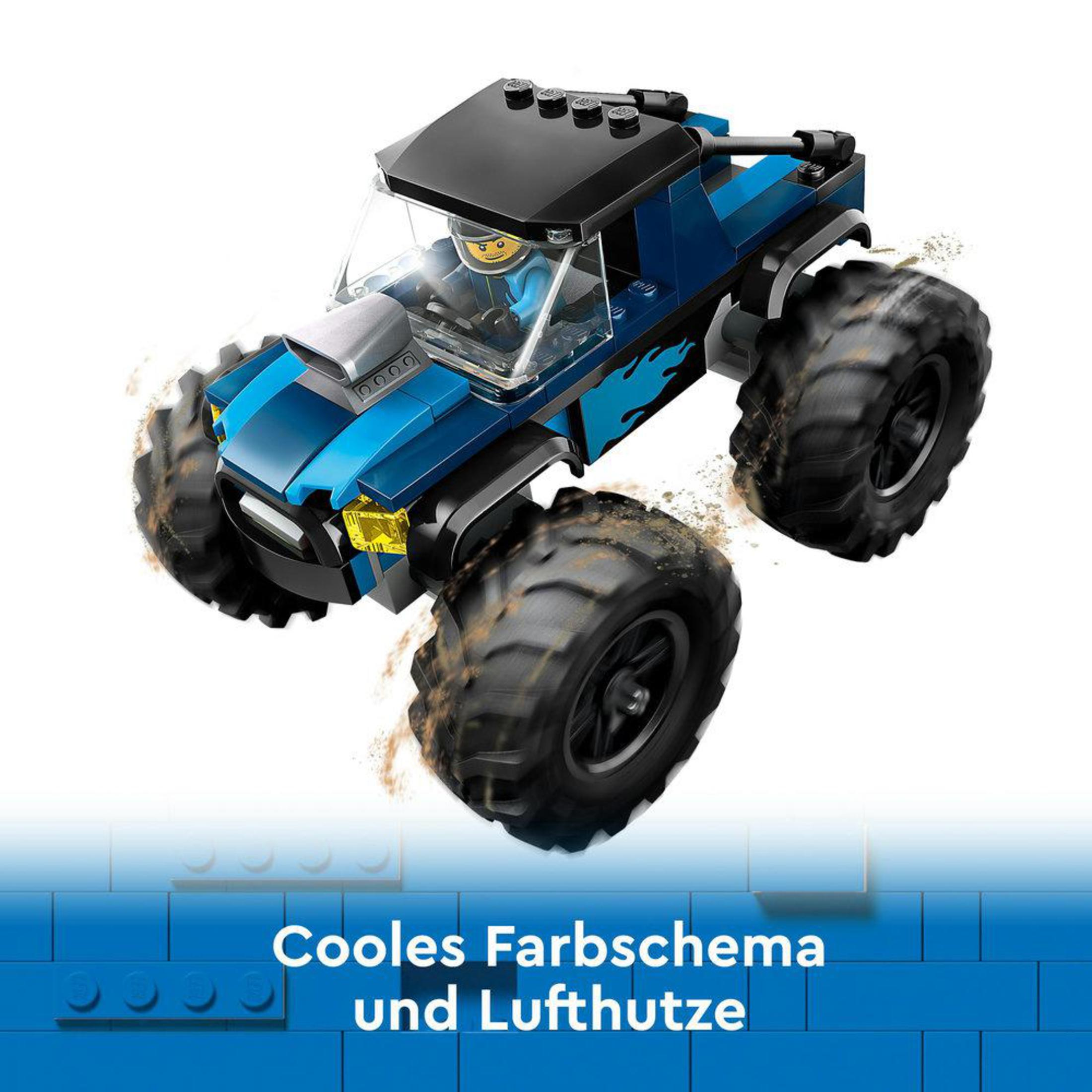 Büyük siyah lastikleri, bir sürücüsü ve siyah çatısı olan mavi bir canavar kamyon Lego oyuncağı.