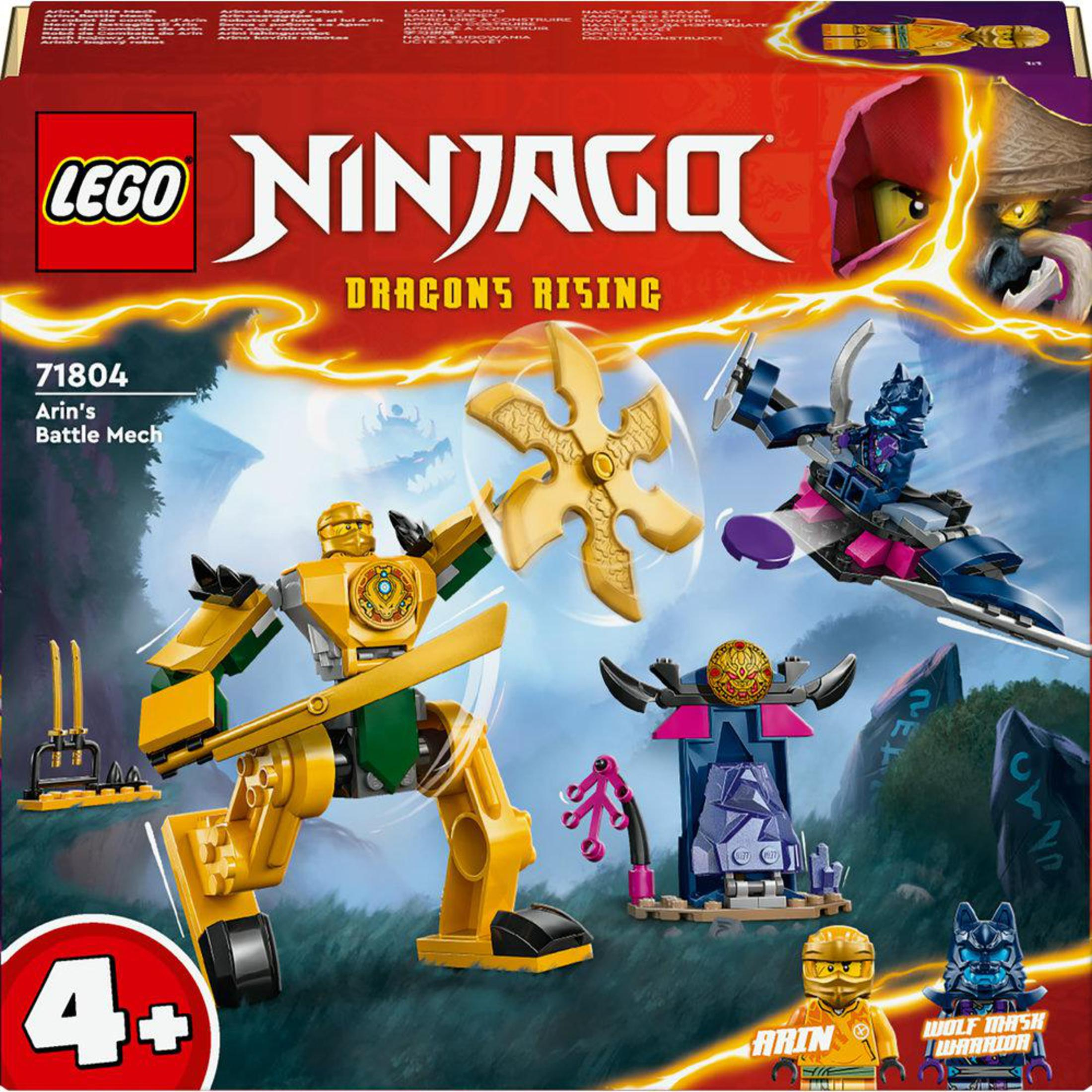 LEGO Ninjago set. Gele mech figuur met gouden wapen en diverse andere figuren en objecten.