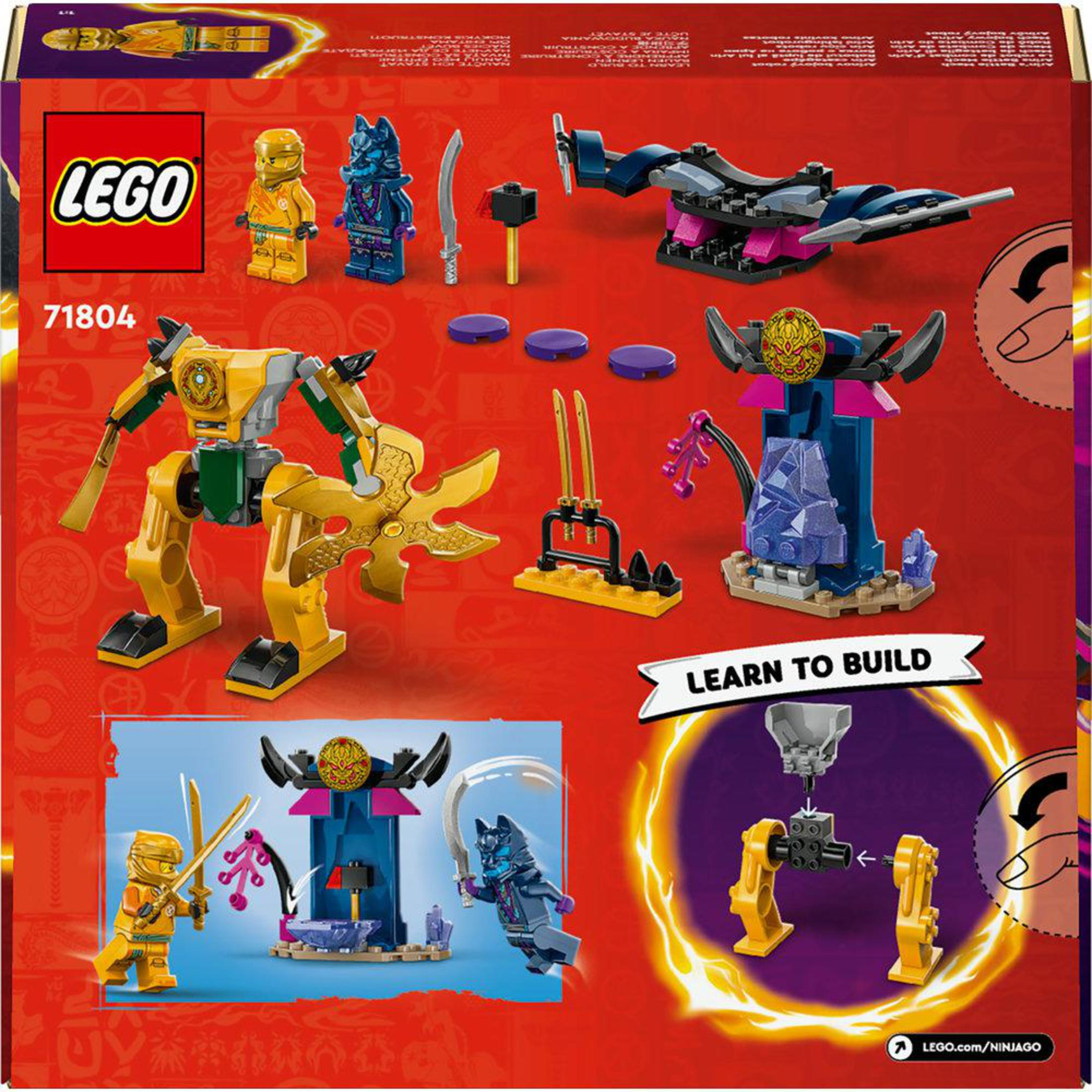 Lego Ninjago set met een gouden mech, minifiguren en een bouwscène.