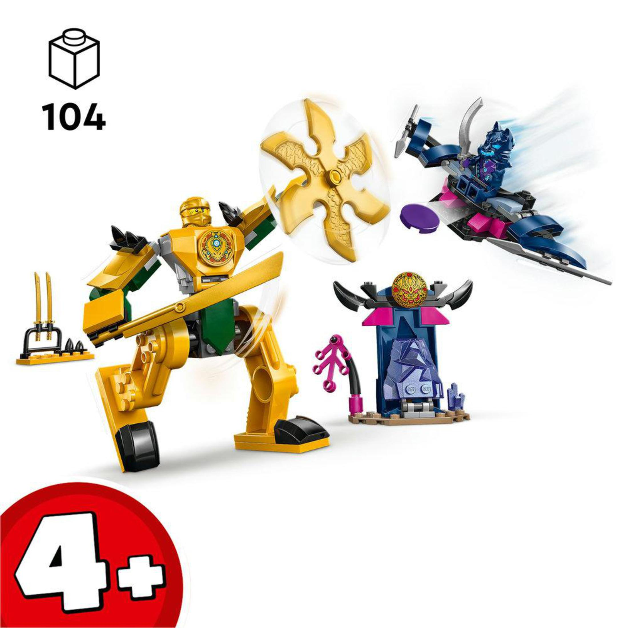 Lego Ninjago set met een gouden mech, een ninja en andere elementen in een kleurrijke omgeving.
