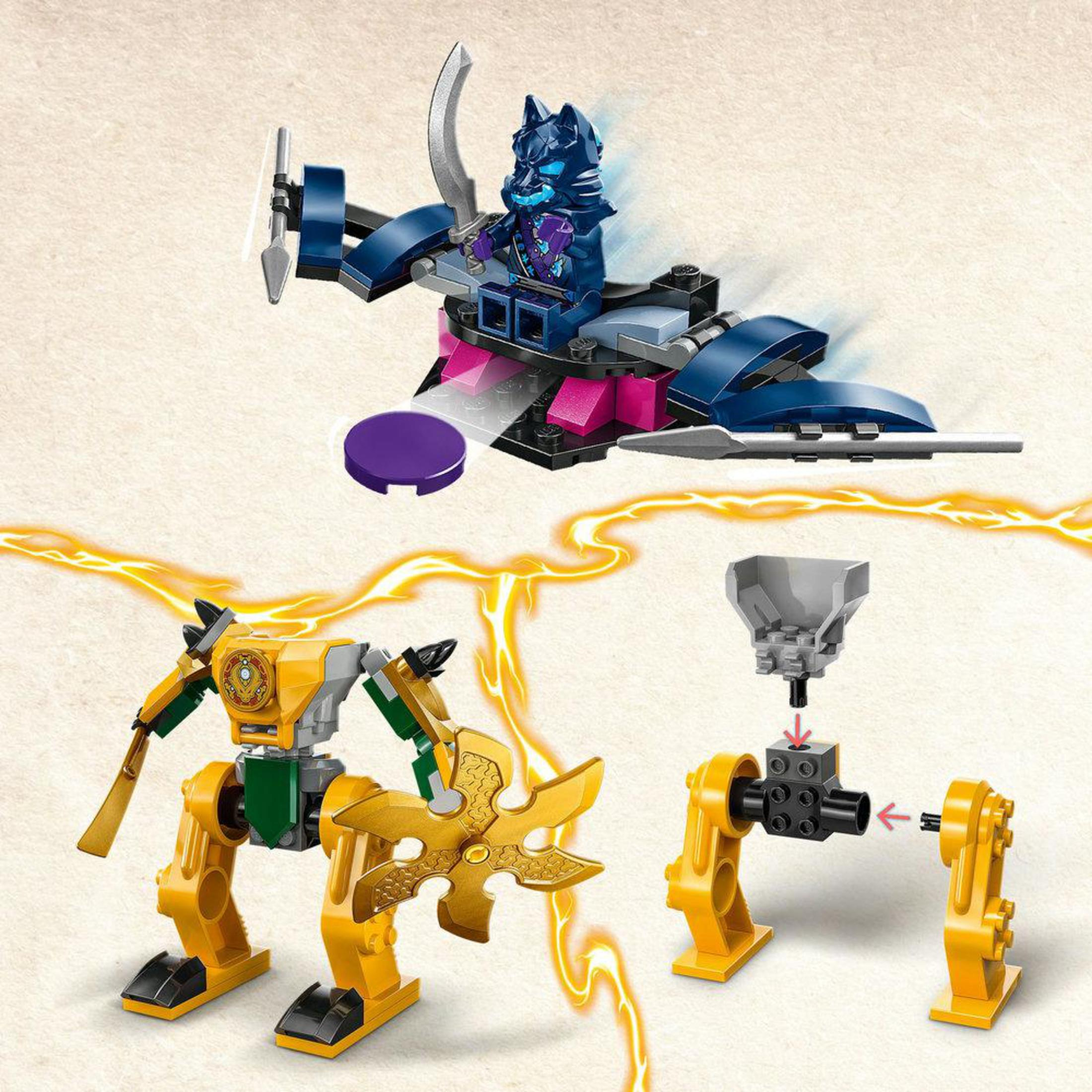 Lego Ninjago set componenten. Een mech, flyer en constructieonderdelen in geel en blauw.