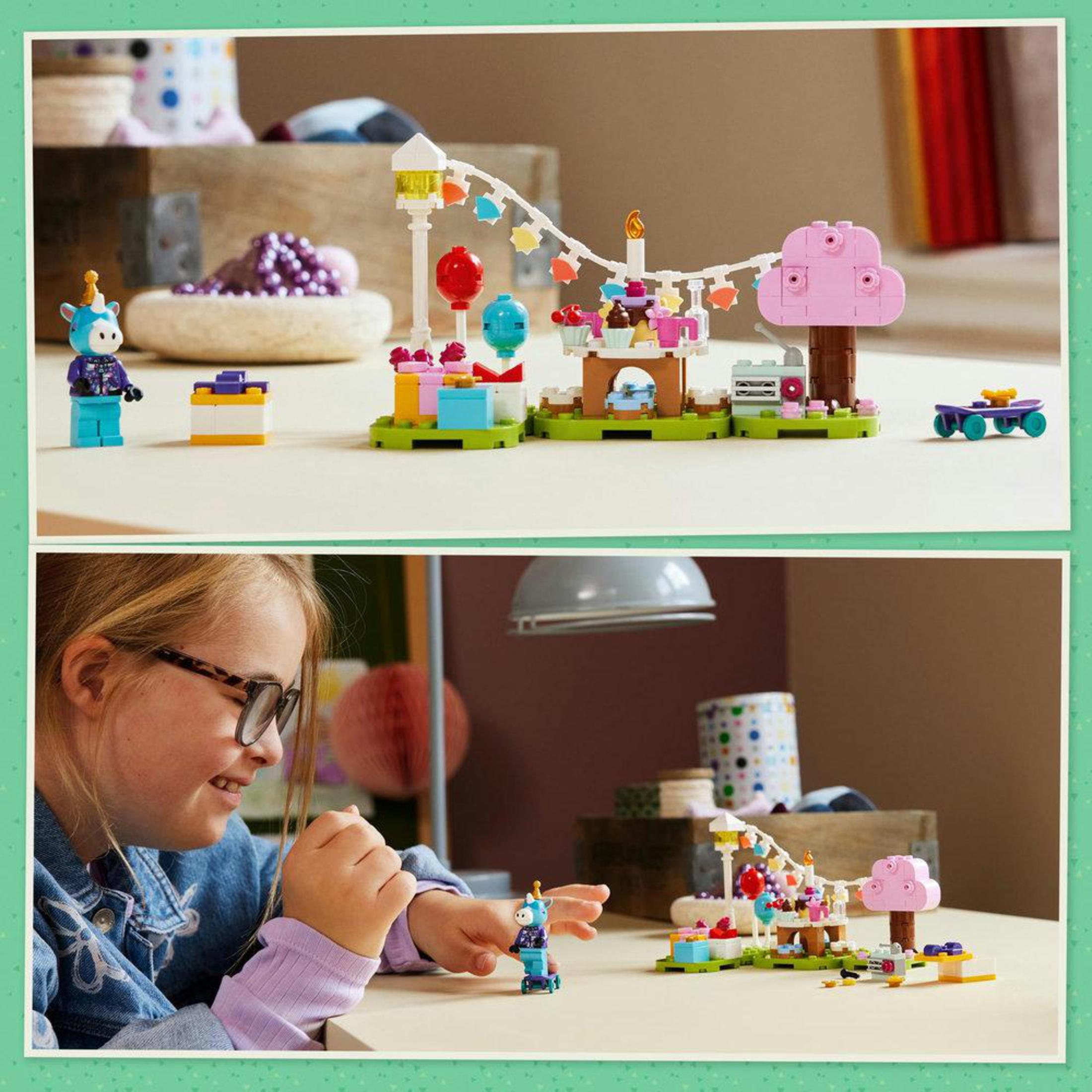 Lego setinin iki görüntüsü: bir parti sahnesi ve setle oynayan bir kız, renkli arka plan.