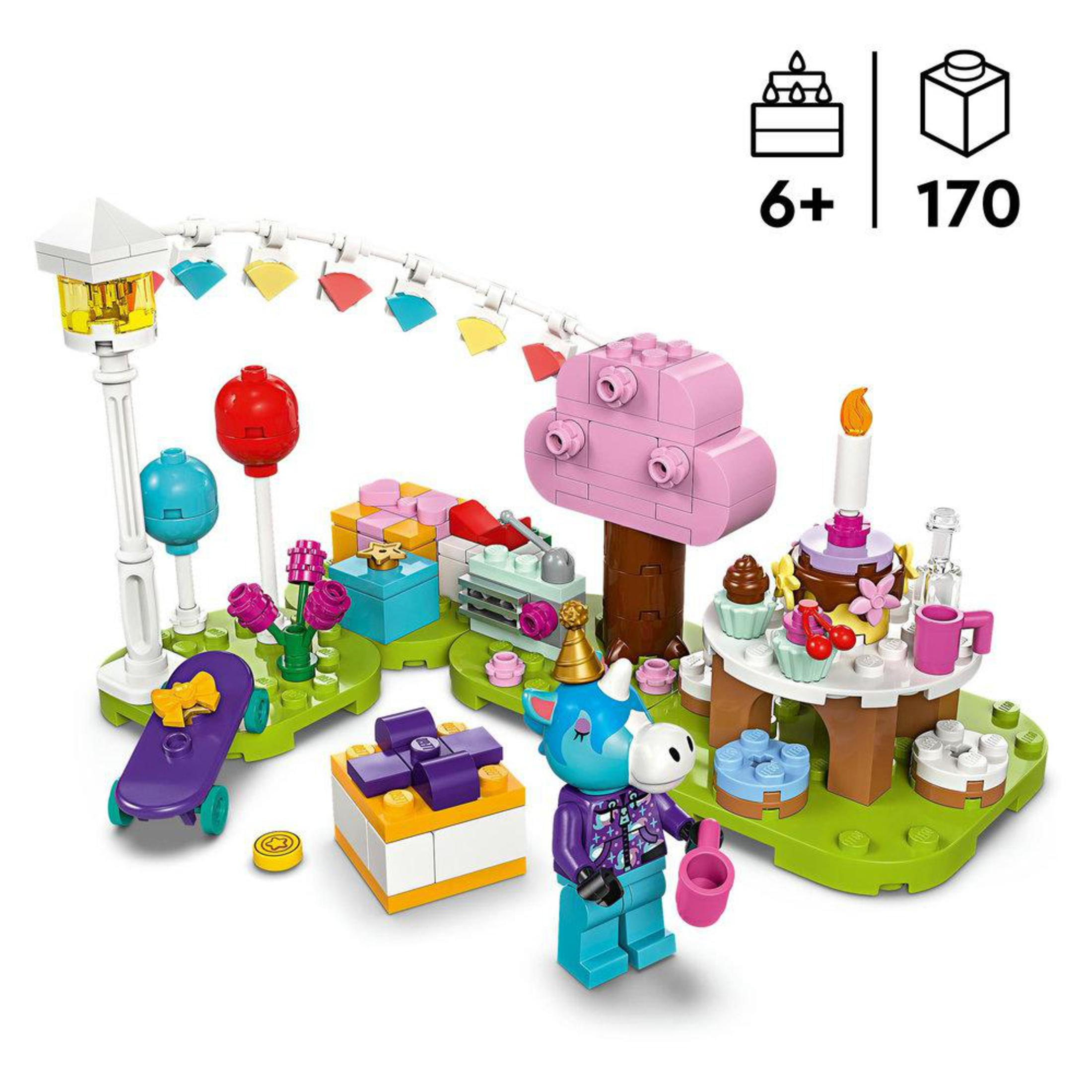 Tek boynuzlu at, pasta ve süslemelerle doğum günü sahnesinin Lego seti.