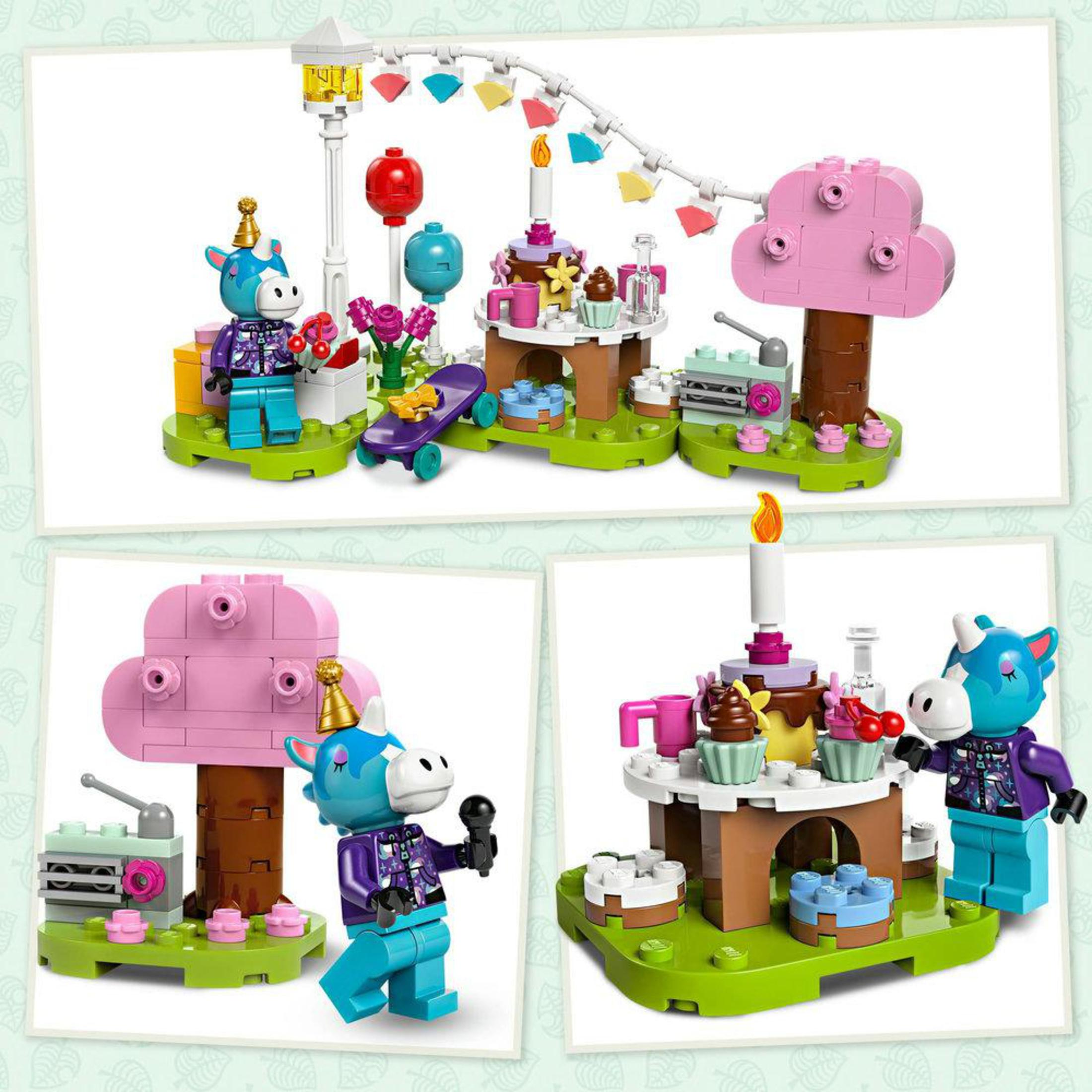 Bir unicorn figürü, pasta, ağaç ve diğer şenlikli unsurlarla çoklu görünümlere sahip bir Lego doğum günü sahnesi.