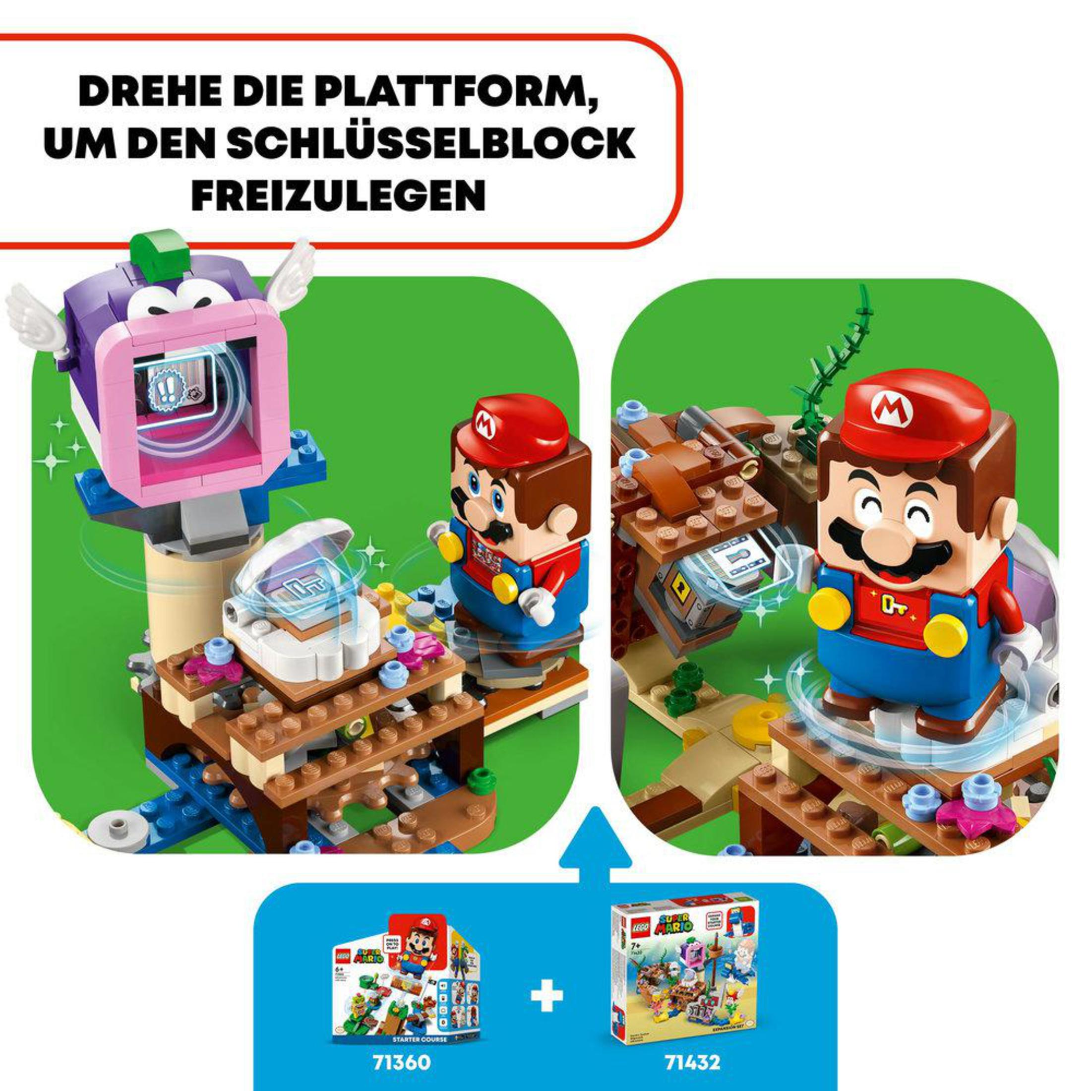 Lego Mario Set. Zwei Lego Mario Figuren und eine rosa-lila Struktur.