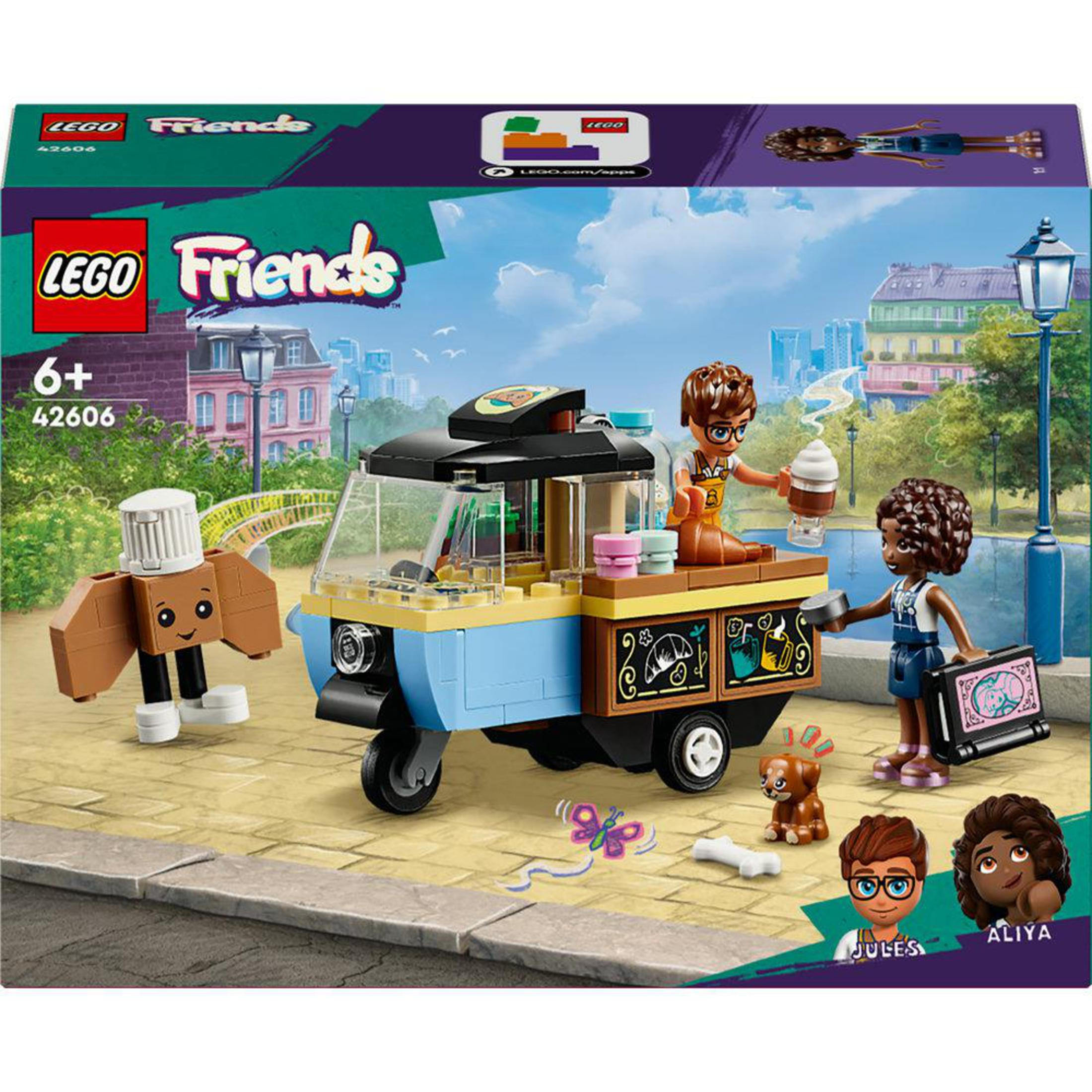 Een Lego Friends ijskar met figuren. Er is een hond en een chef-kok figuur.