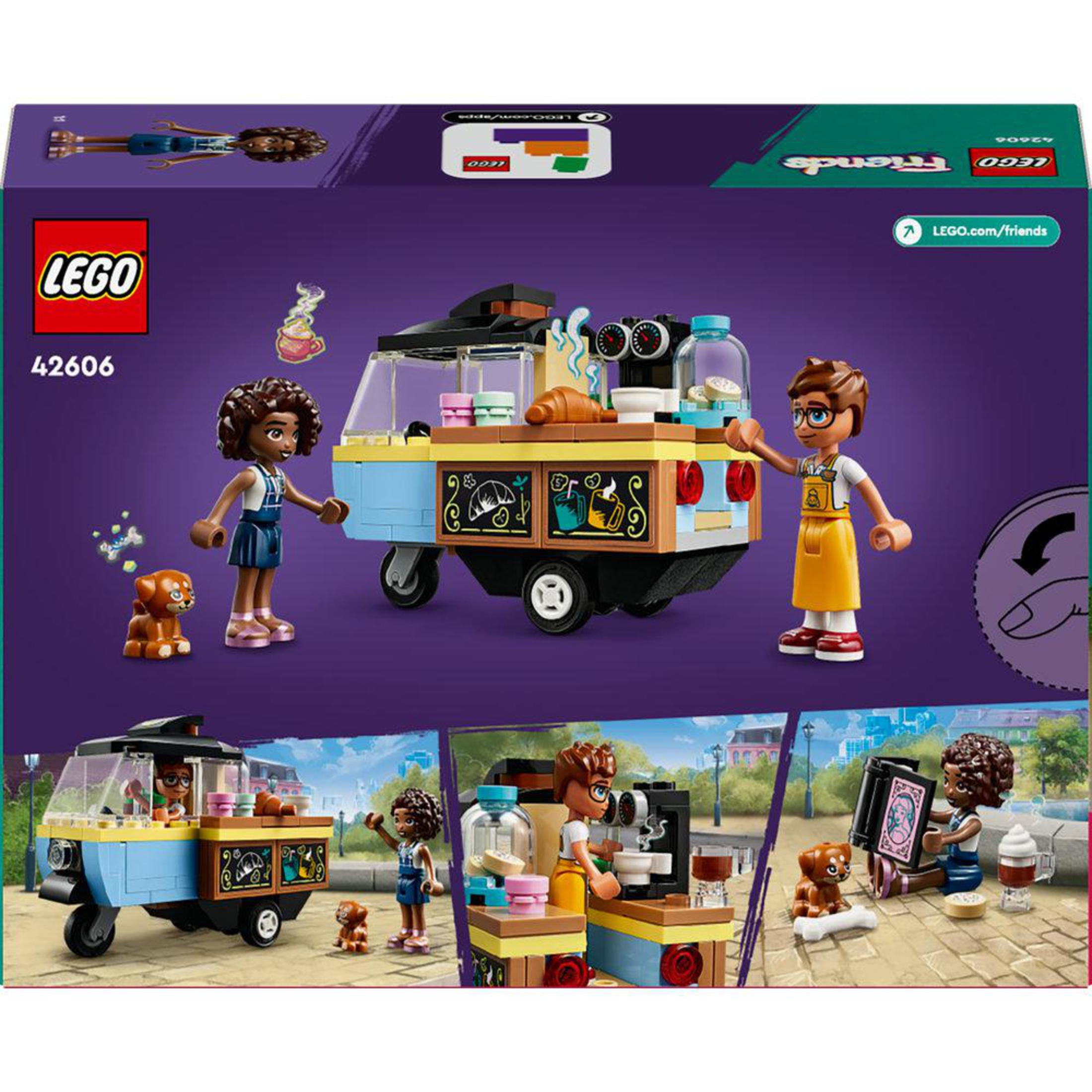 LEGO Friends setdoos met een foodtruck en het geassembleerde model.
