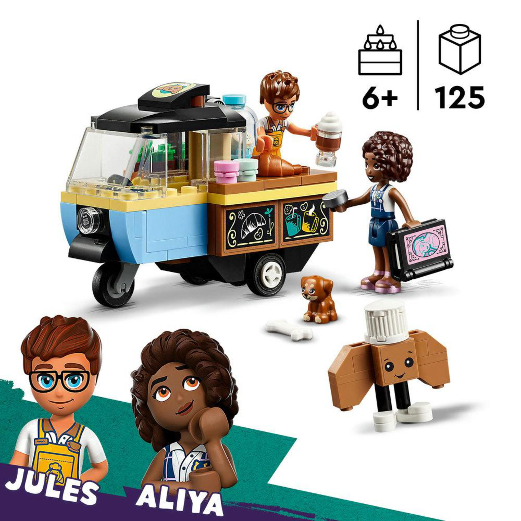 Lego set met meerdere figuren. Een café truck met drie figuren. Andere accessoires zijn zichtbaar.