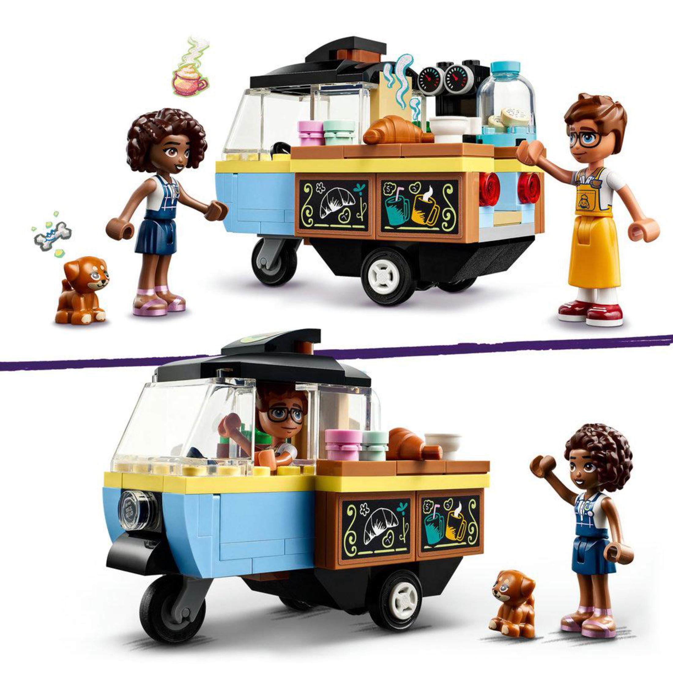 Lego Friends set. Twee mini-poppetjes met een foodtruck. Inclusief een bruine hond en etenswaren.