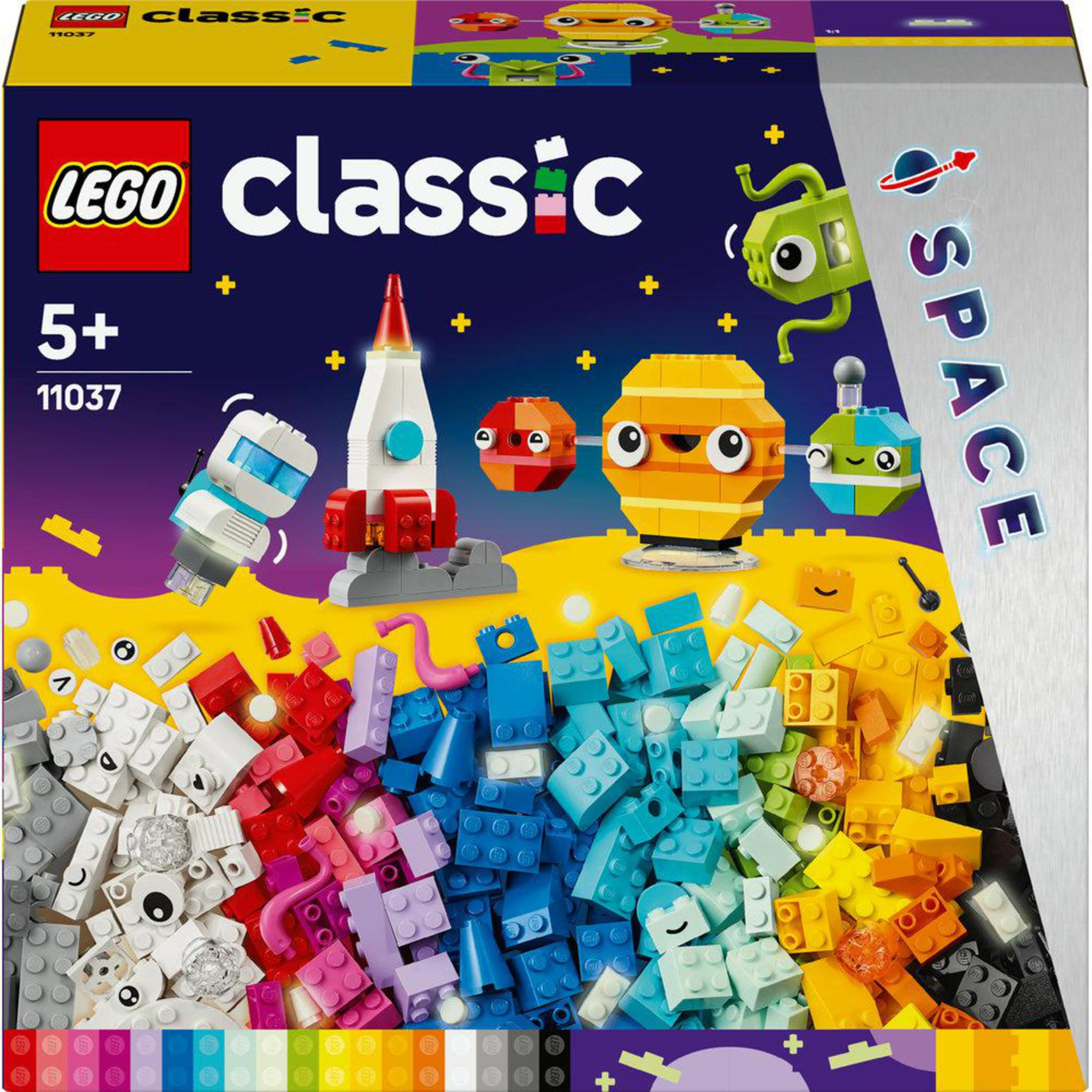 Renkli tuğlalarla bir LEGO Classic kutu seti. Bir roket, bir uzay adamı ve diğer uzay temalı öğeleri içerir.