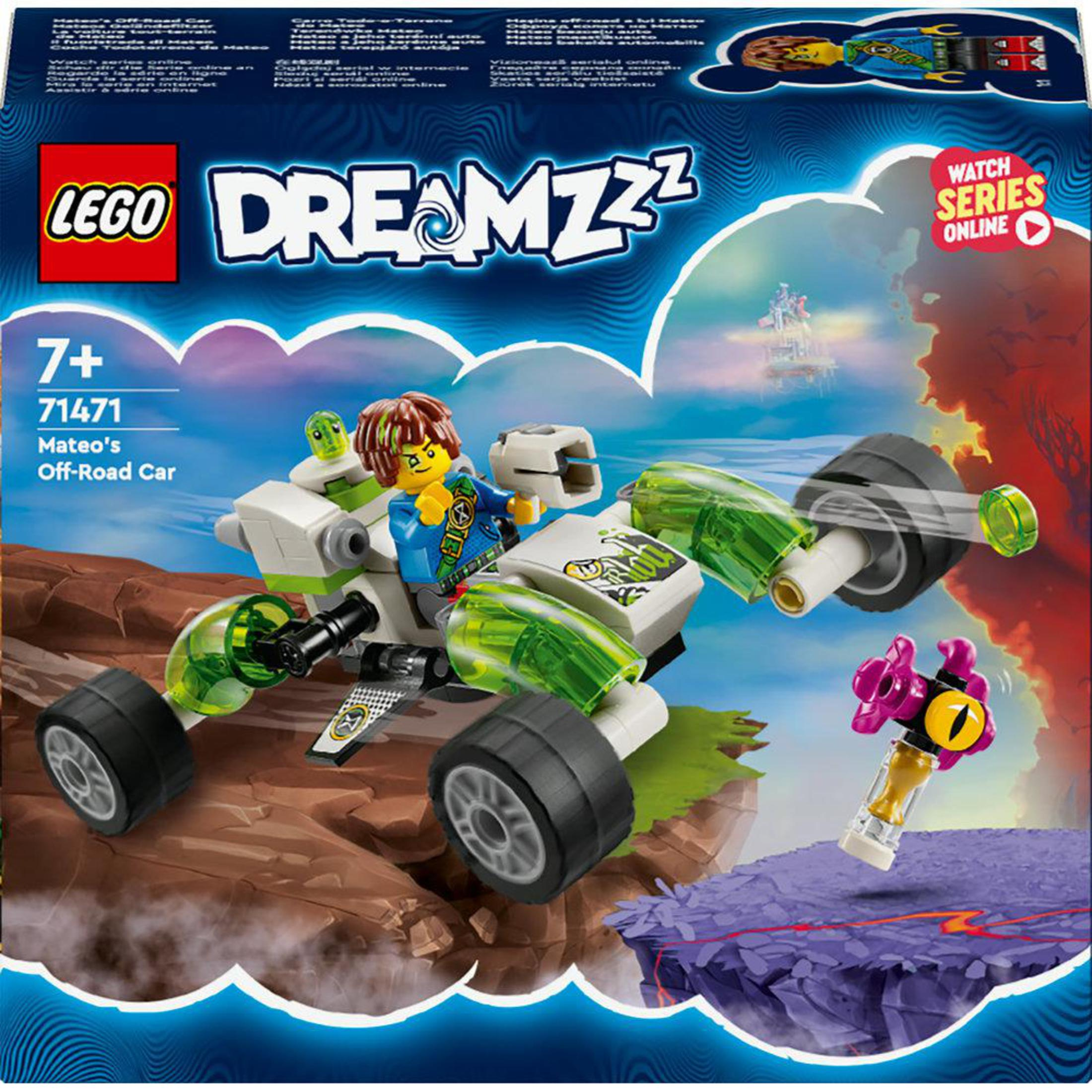 Eine Lego Dreamzzz Set-Box mit einem Lego-Auto, einer Minifigur und einer Monsterfigur auf felsigem Gelände.