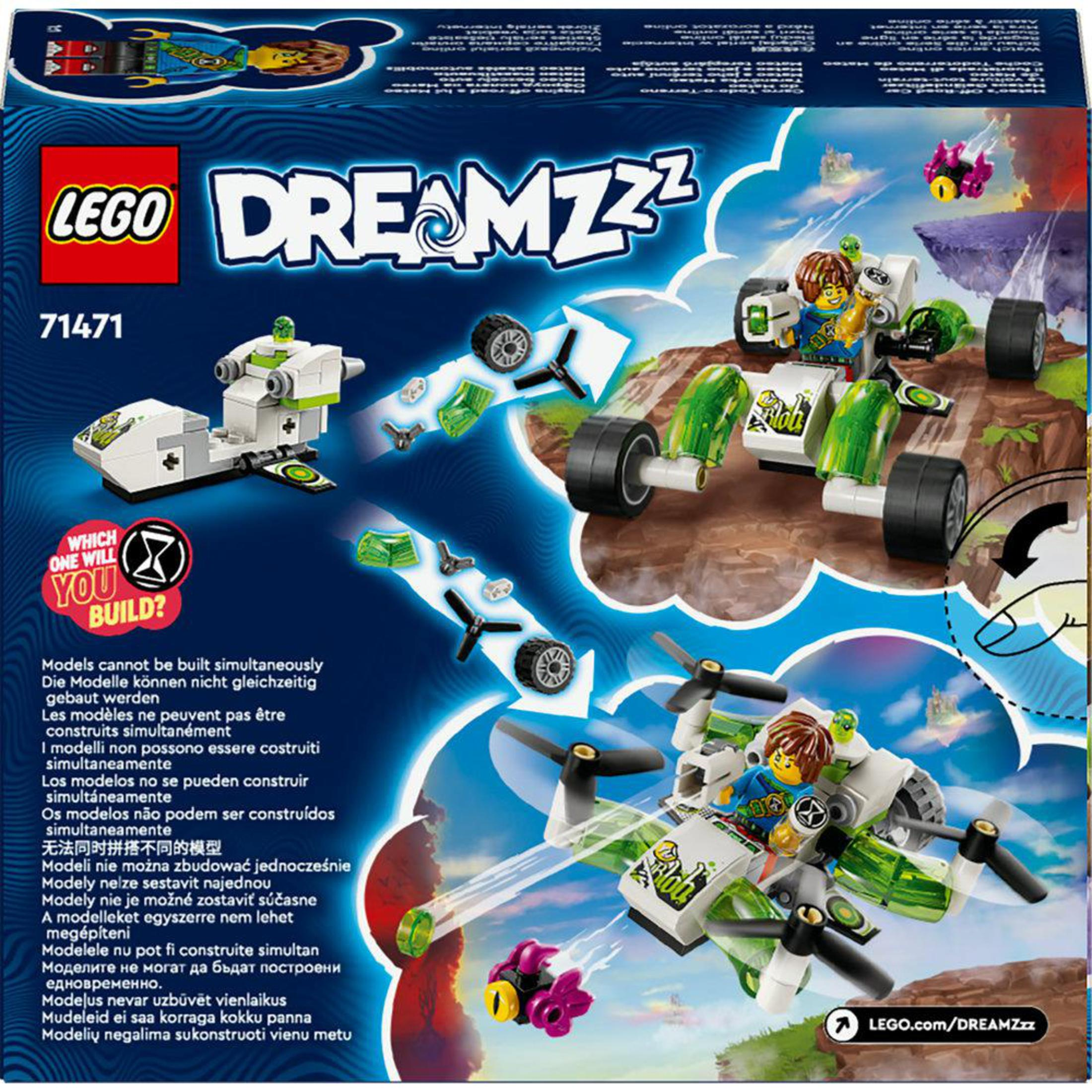 LEGO Dreamzzz Box, zeigt verschiedene Bauwerke, darunter ein Auto, ein Flyer, und Text mit Anweisungen.