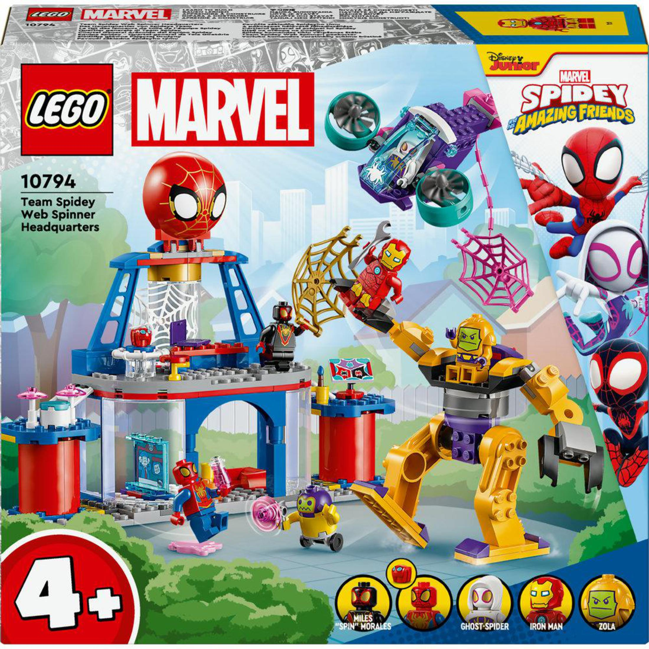 Set LEGO Marvel. A tema Spiderman. Edifici, personaggi e un veicolo volante su sfondo bianco.