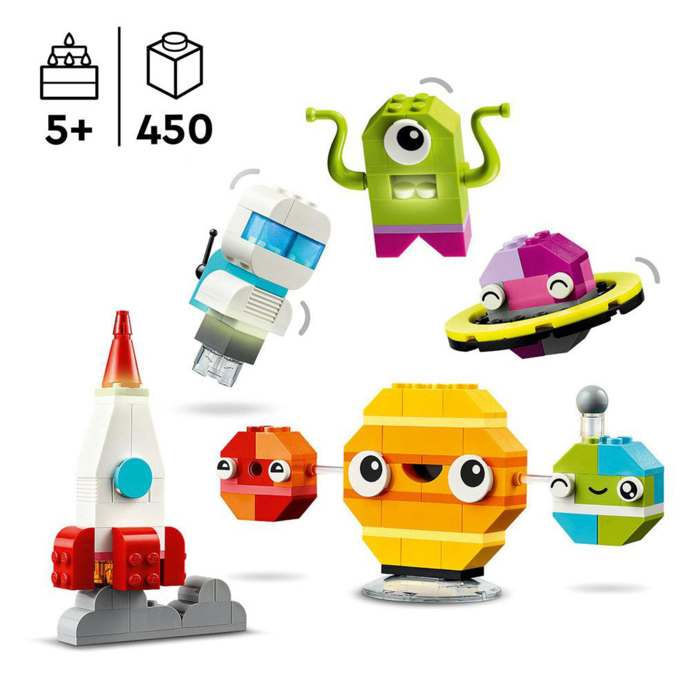 Bir roket, uzaylılar ve gezegenler dahil olmak üzere, renkli uzay temalı figürlerin Lego seti.