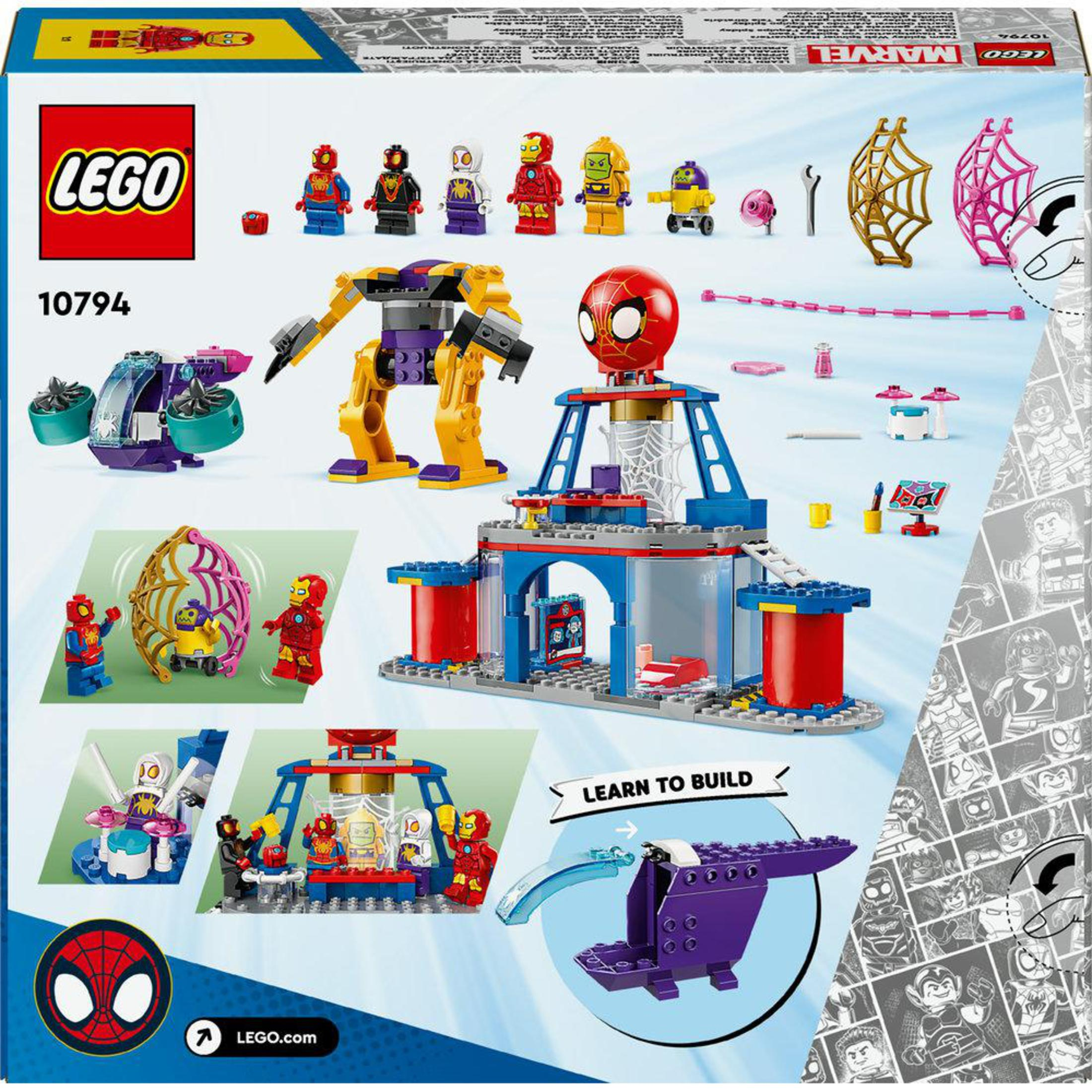 Scatola Lego con personaggi Marvel e un edificio. Include personaggi di Spiderman, Iron Man e altri.