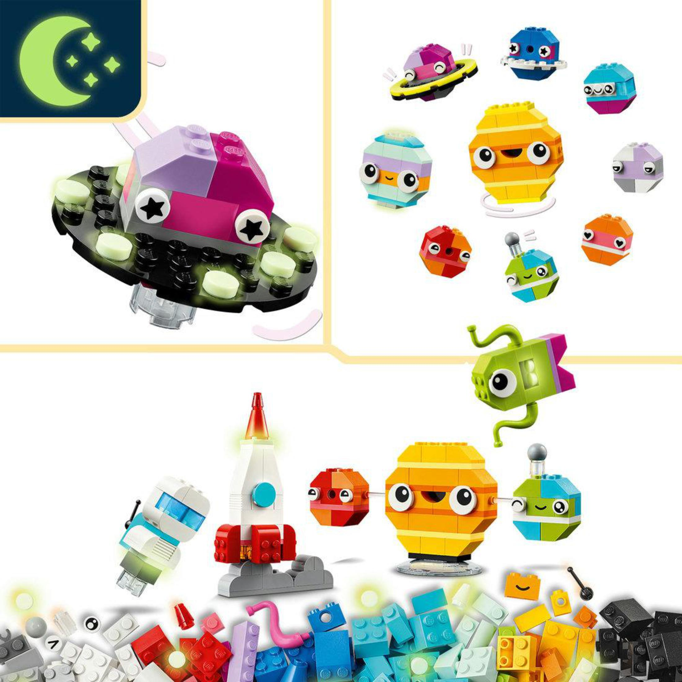 Bir uzay gemisi ve gezegenler dahil olmak üzere çeşitli uzaylı temalı yapılar içeren LEGO seti.