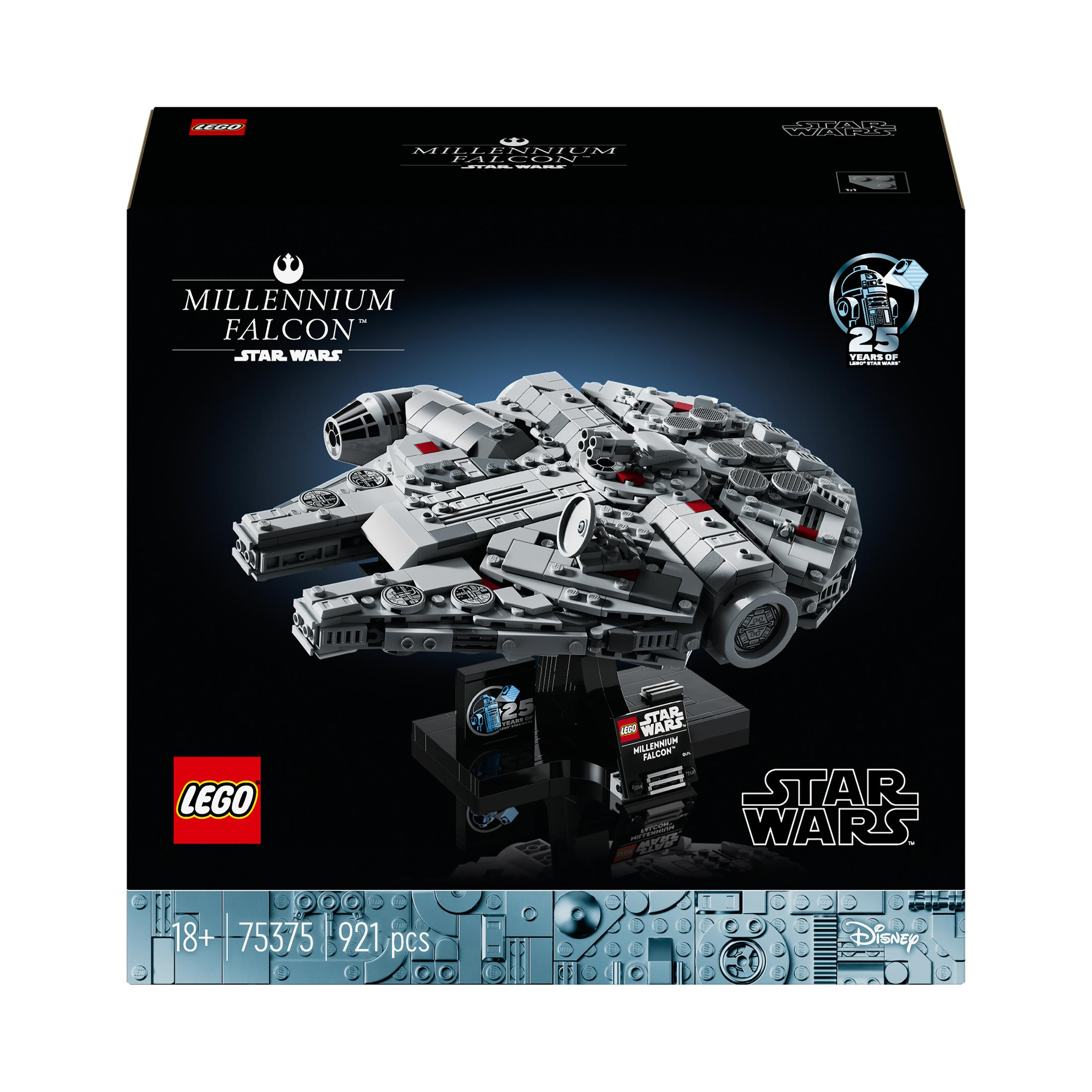 Zestaw Lego Star Wars Millennium Falcon. Czarne tło. Statek jest w centrum.