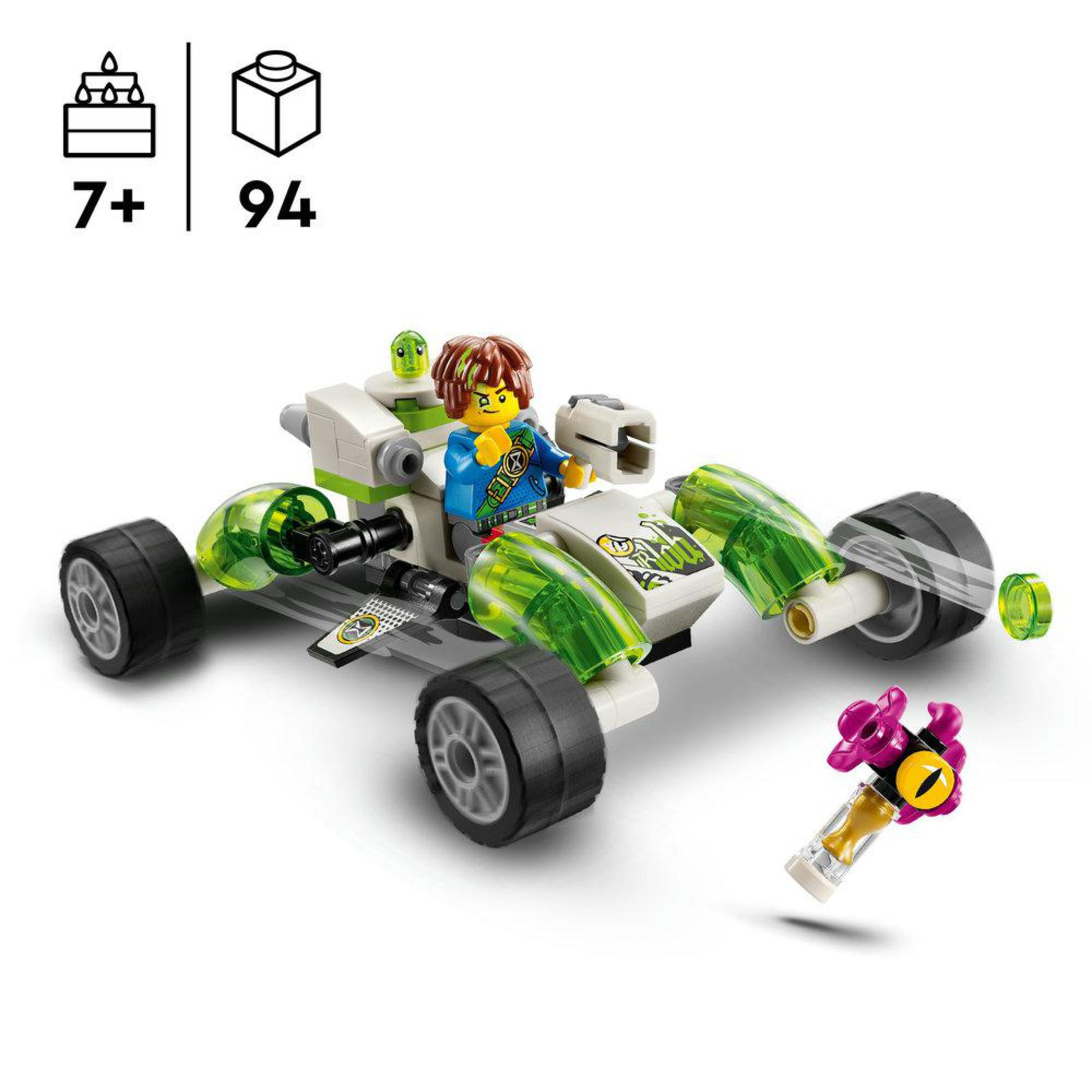 Lego-Set: ein Buggy mit Fahrerfigur und Monsterhand. Weiße und grüne Farben.