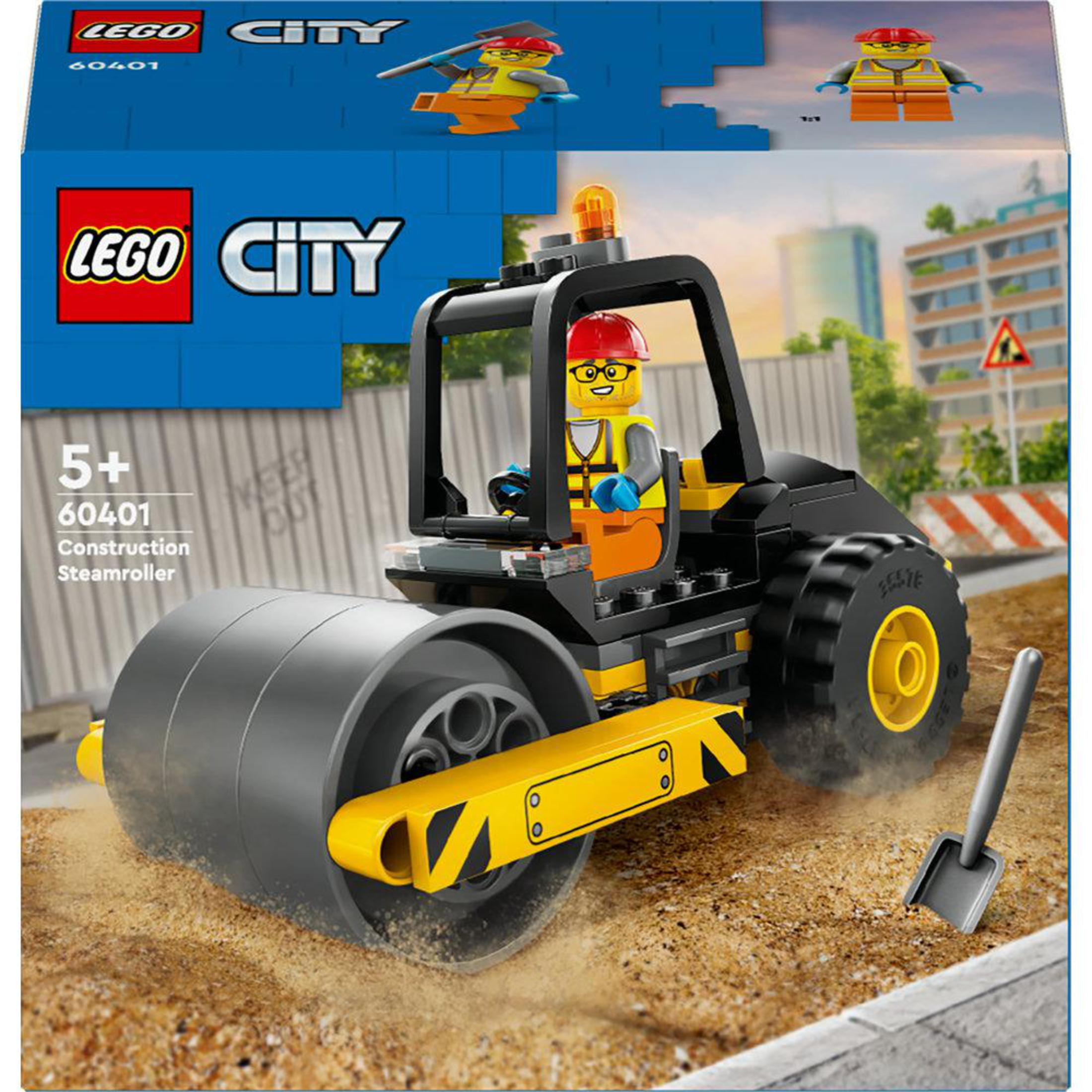 Een Lego City stoomwals set met een bouwvakker minifiguur.