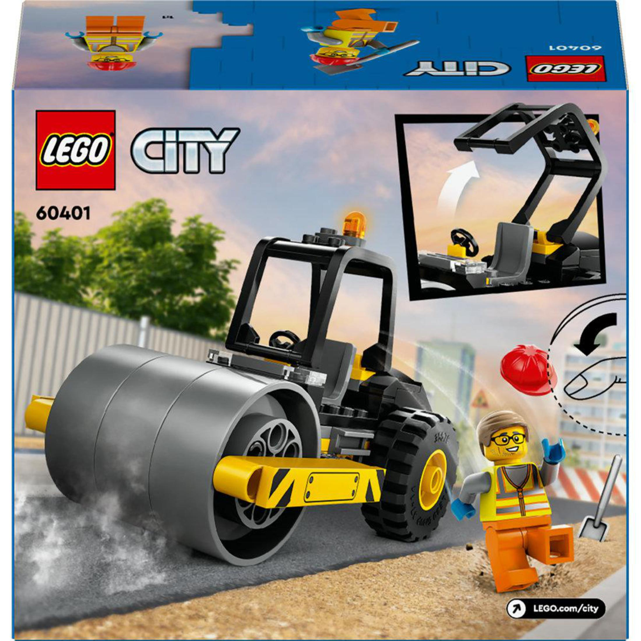 LEGO City set: Een wals met een bouwvakkersfiguur. Achtergrond omvat stad en lucht.