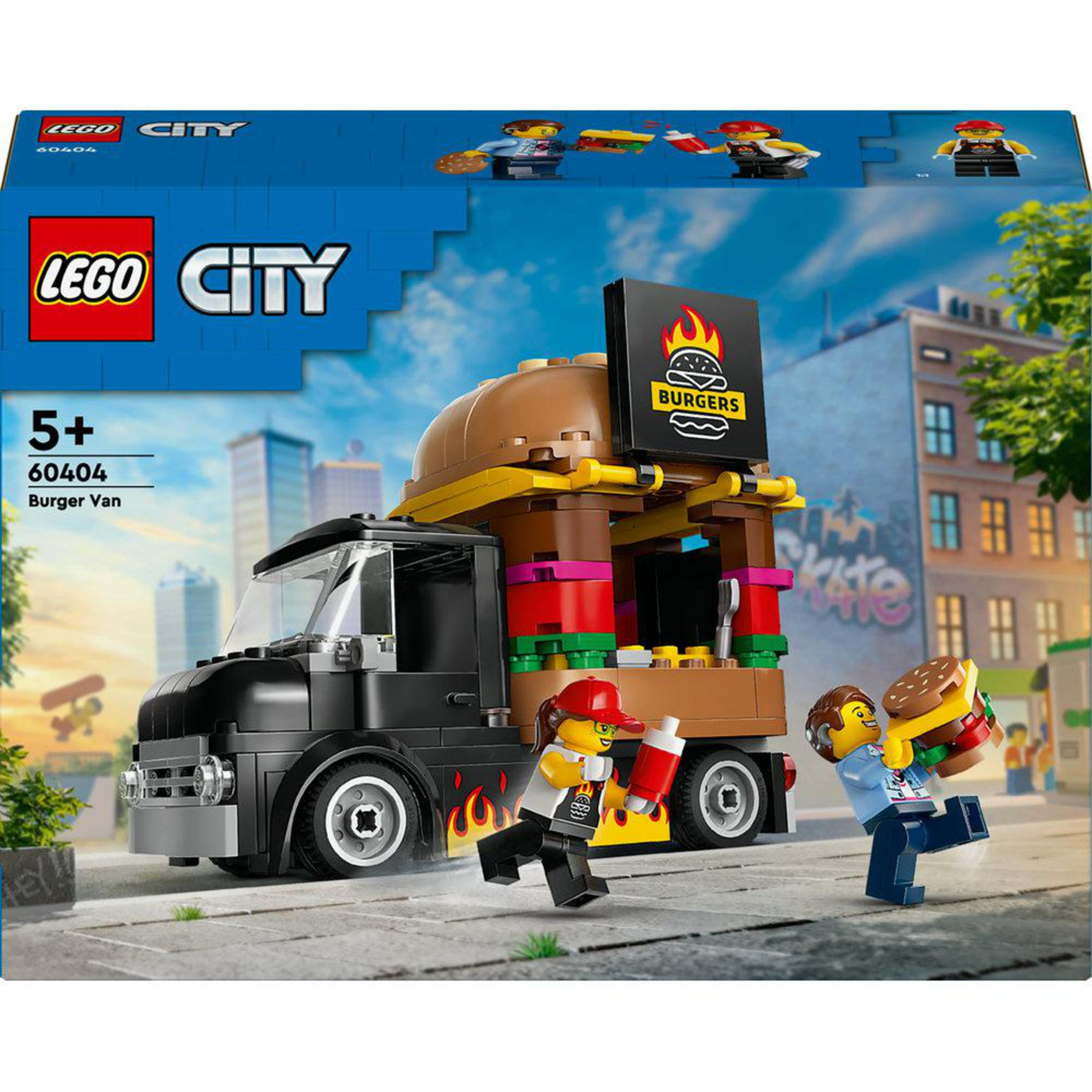 Set Lego City Burger Van. La furgoneta negra tiene un letrero de hamburguesa. Figuras incluidas.