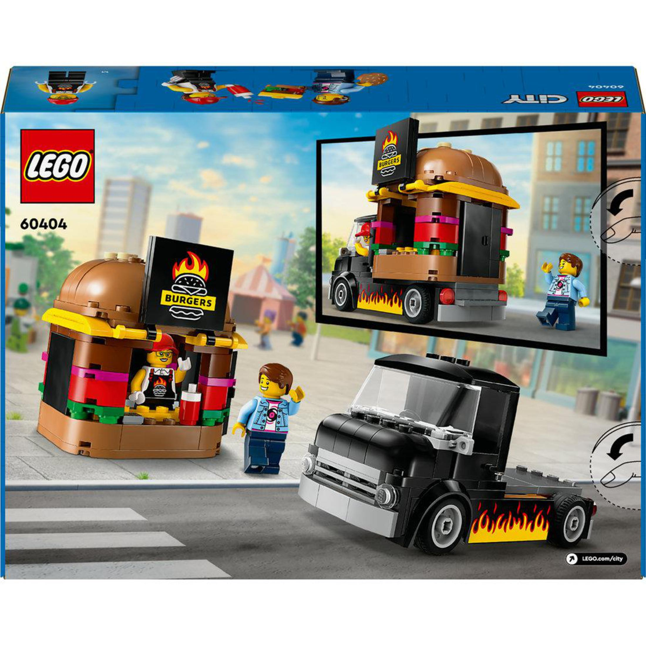 Caja LEGO que muestra una hamburguesería y un camión. Hay minifiguras y un fondo de la ciudad.