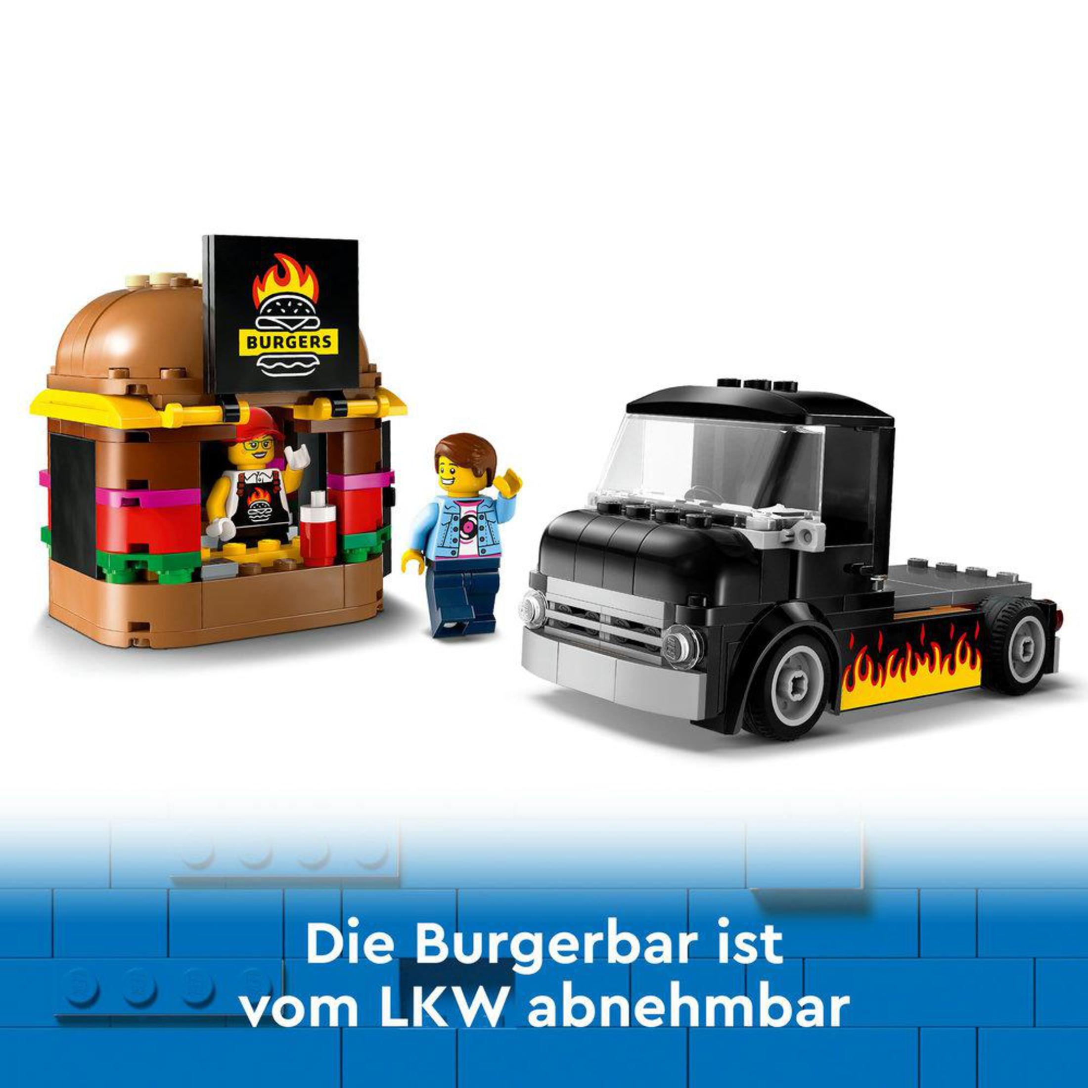 Set Lego: Una hamburguesería y un camión negro con detalles de llamas.