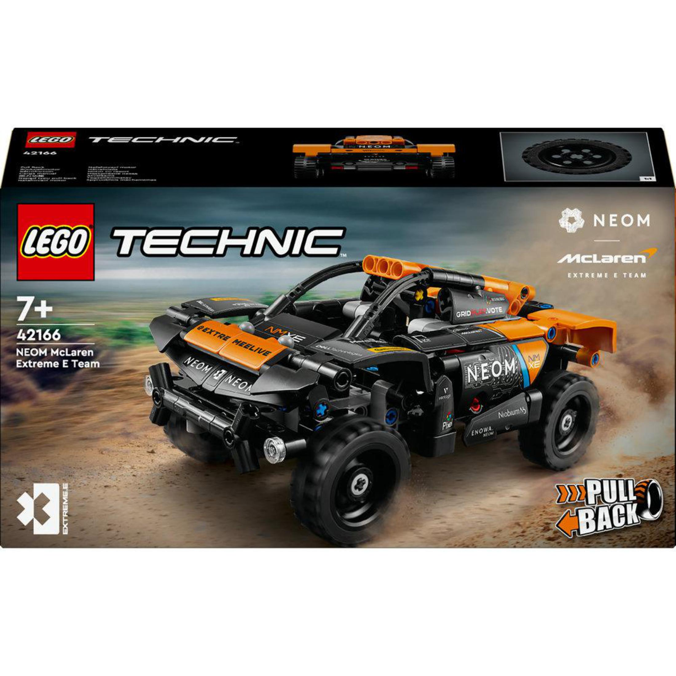 LEGO Technic NEOM McLaren Extreme E Team Set mit einem schwarz-orangenen Offroad-Fahrzeug.